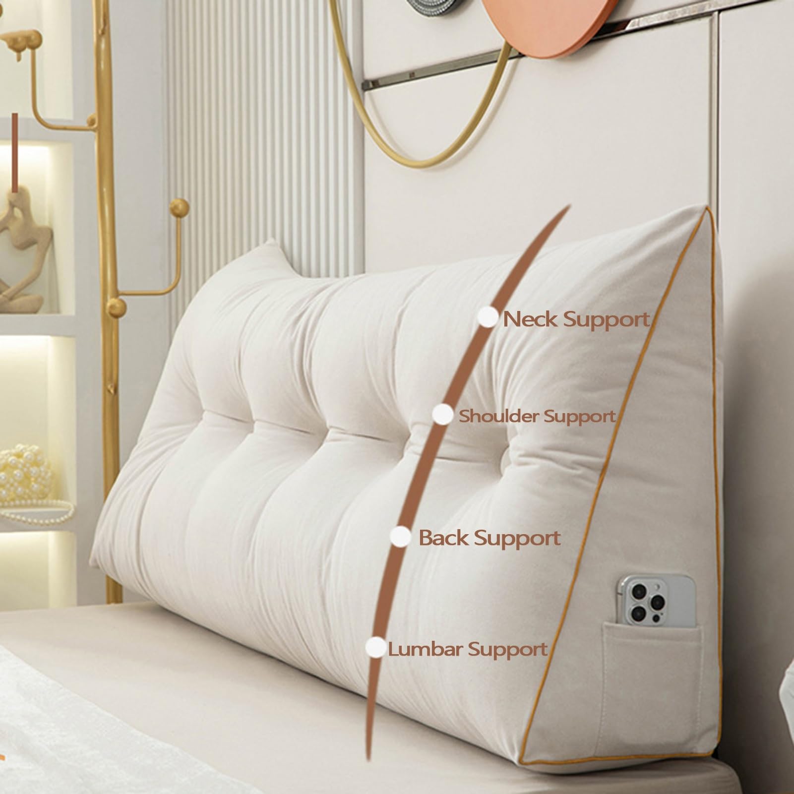 Rückenkissen Lesekissen 150x50x20cm - Keilkissen Für Bett & Sofa Mit Seitentaschen