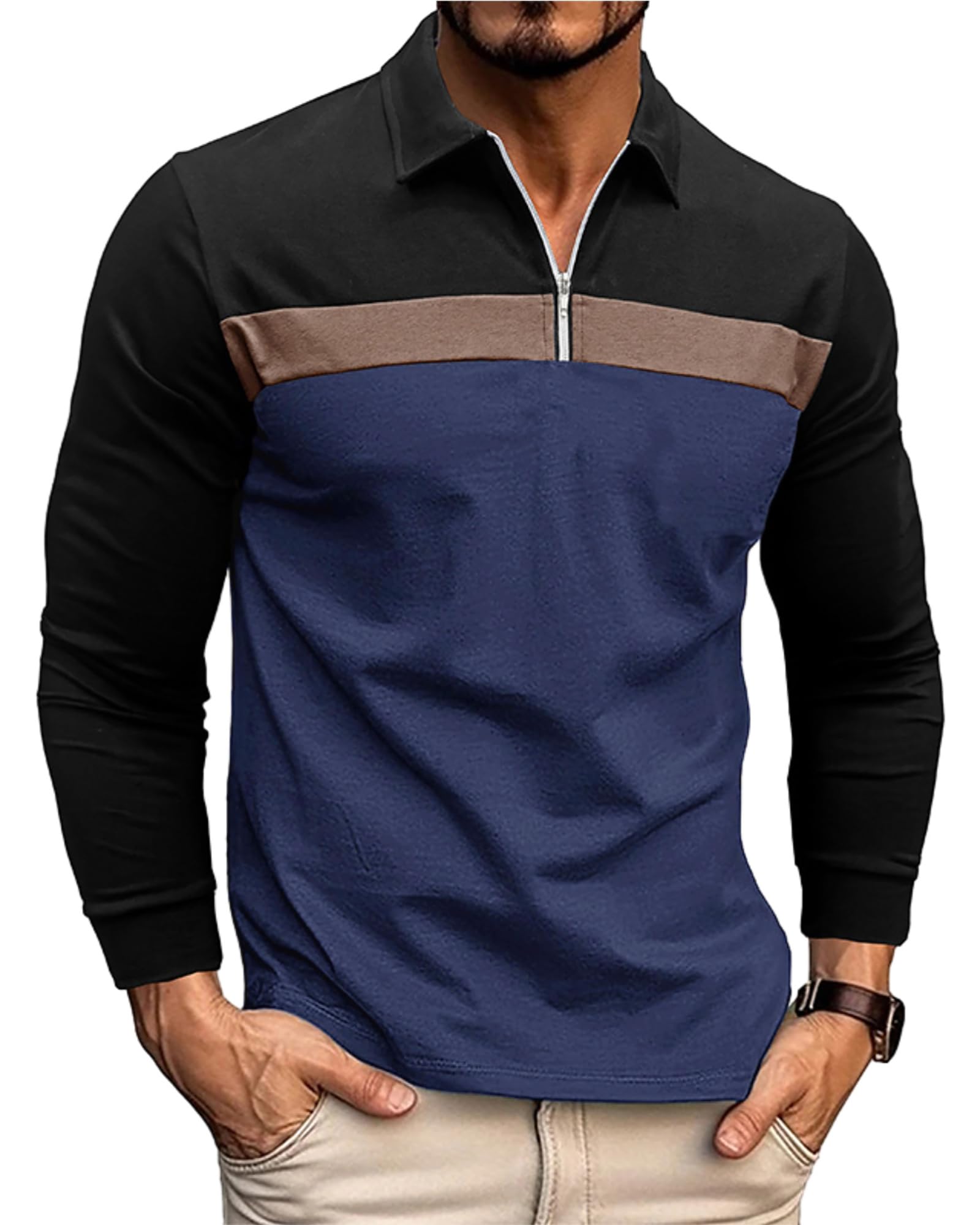Ryehack Polos 1/4 Cremallera Hombres Casual Manga Larga Tops Camiseta Raglan Camiseta Golf Regular Fit S-2XL
