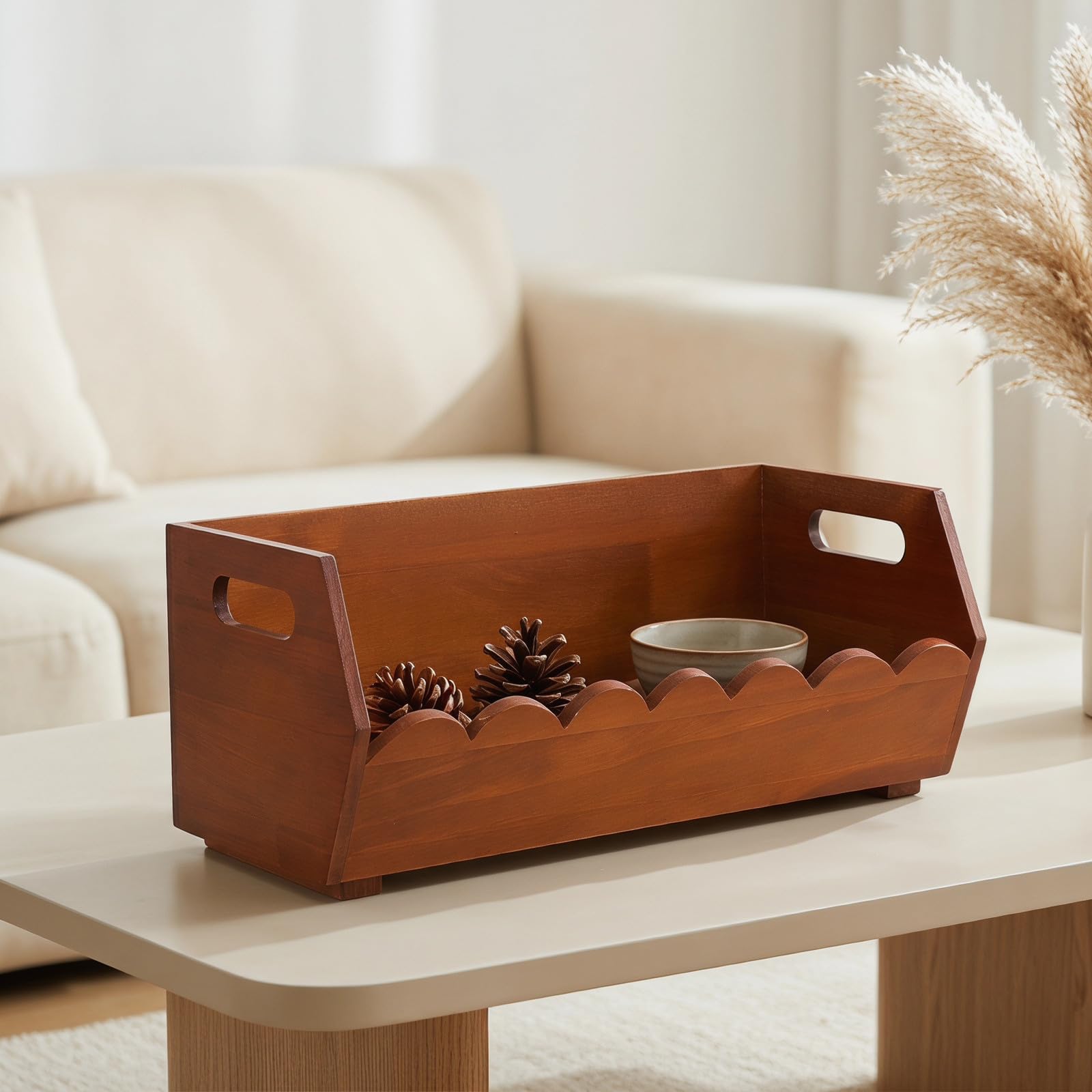 Beaupretty Cesta de Madera Asa, Abertura Amplia y Base Plana para Mesa | Marrón, Vetado Auténtico y Bordes Ondulados, Estilo Nórdico Moderno, Acceso Rápido y Transporte Fácil