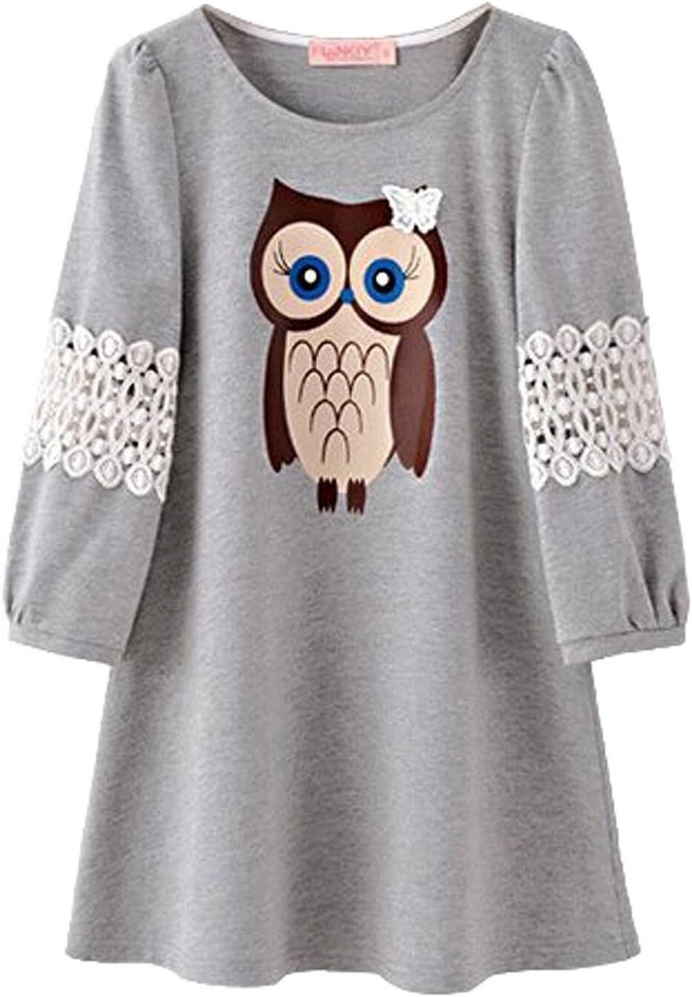 Lucky God Women's Owl Print Cotton Crochet Lace T-Shirt Asian 2XL Grey