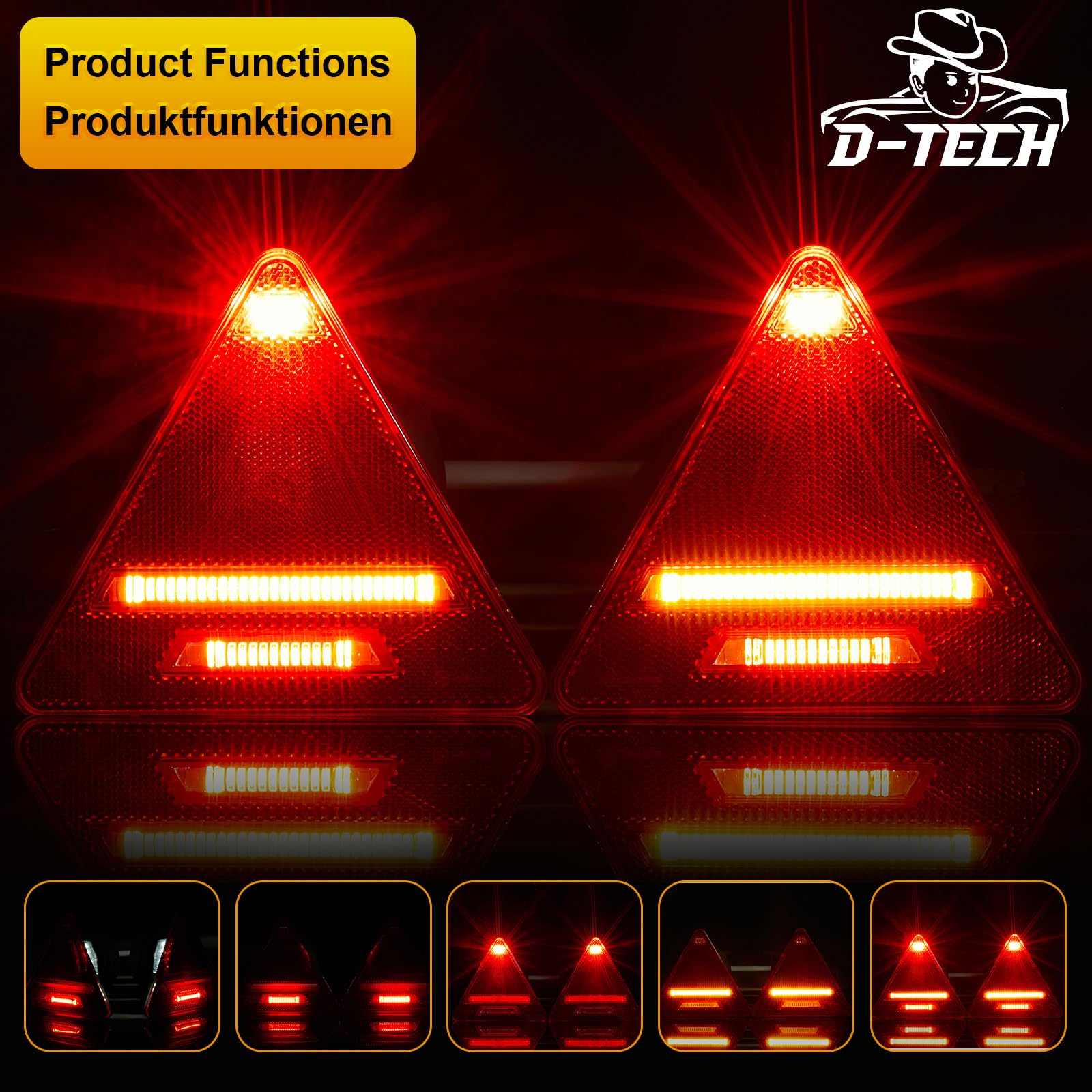 D-TECH LED feux remorque sans fil magnétique 12V 24V,Triangulaire feux arrière de remorque WiFi,Homologué ECE R10 EMC,Bluetooth feux arrière remorque magnétique sans fil Kit d'éclairage de LED étanche