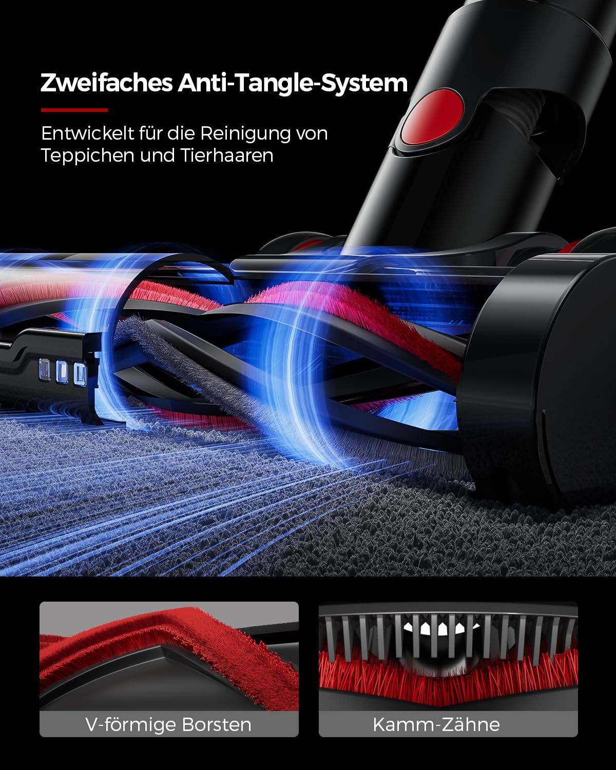VACTechPro 55KPa/600W Akku Staubsauger, Staubsauger Kabellos mit 1,6-Liter-Staubbehälter, 8-Schicht-Filterung, Super Leise, Anti-Tangle Bodenbürste für Hartböden, Violett und Rot,70Min Laufzeit