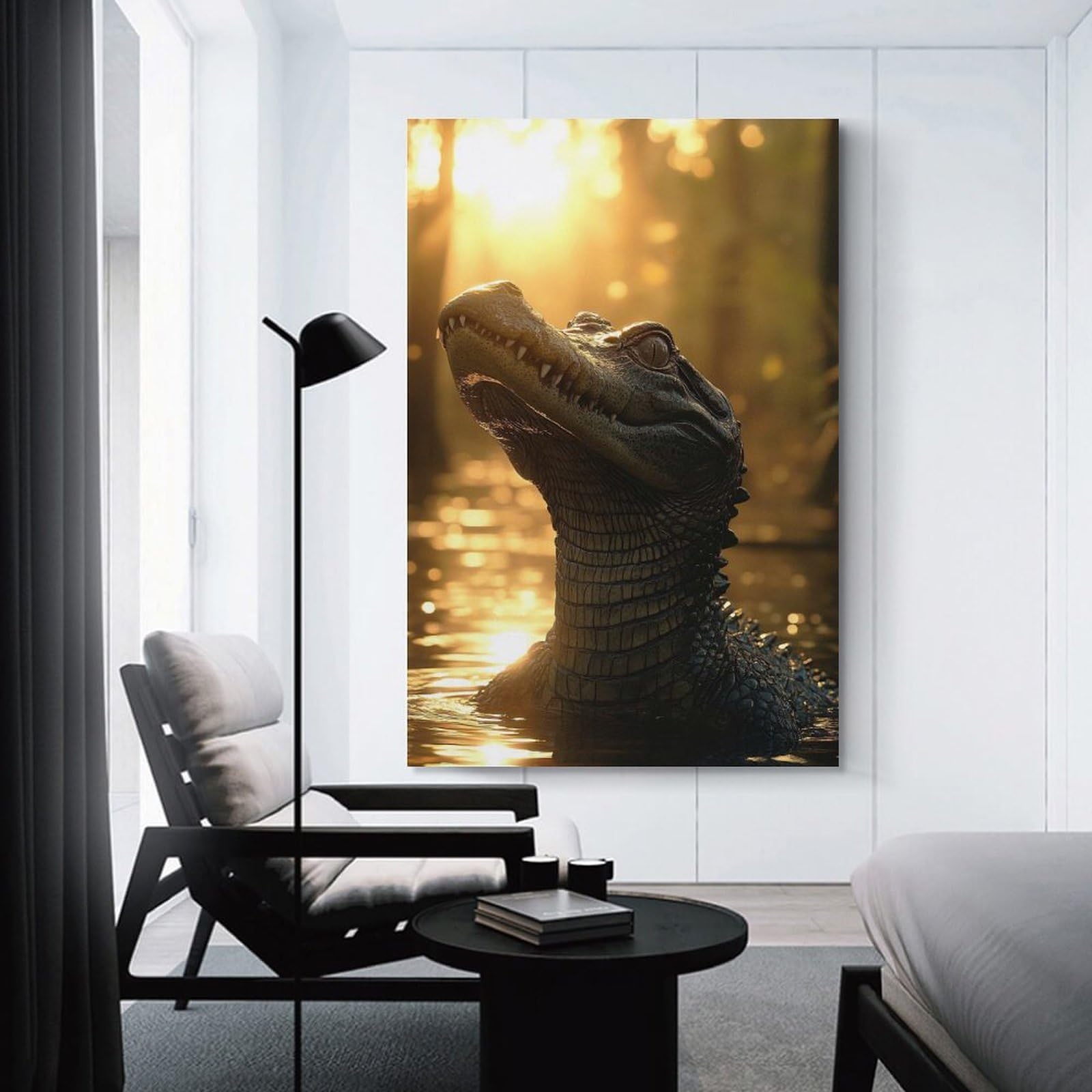 Junmoney Unframe-Style-20 Alligator In Golden Light Wall Picture Print, 20X30inch(50X75cm), For New Homes, Bedrooms Or Workspaces, Thoughtful Wall Decor For Art Lovers