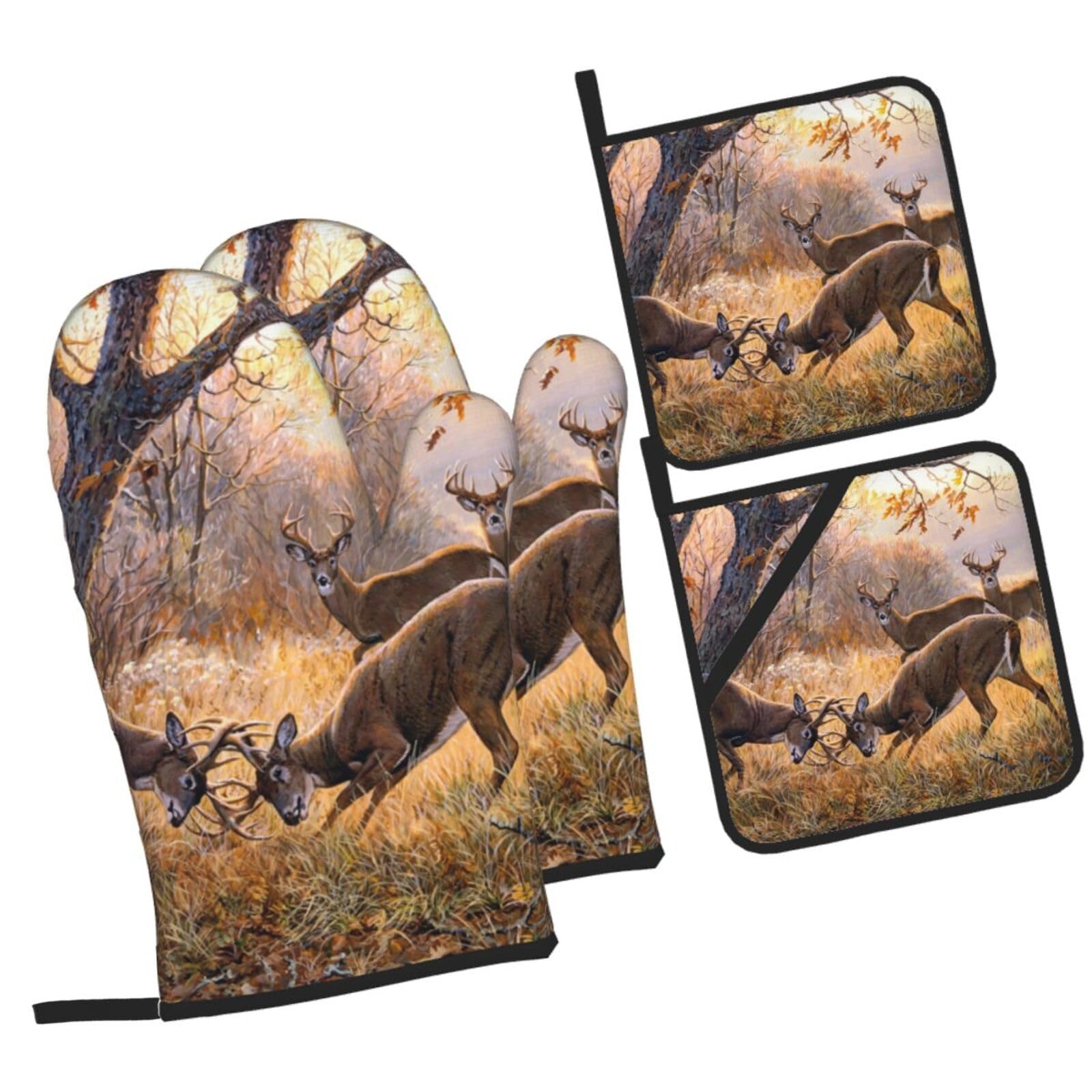 Deer Hunting Printed Oven Mitts and Pot Holders Heat Resistant Set of 4 Pcs, Modern Kitchen Gloves & Potholders for Cooking Baking Grilling