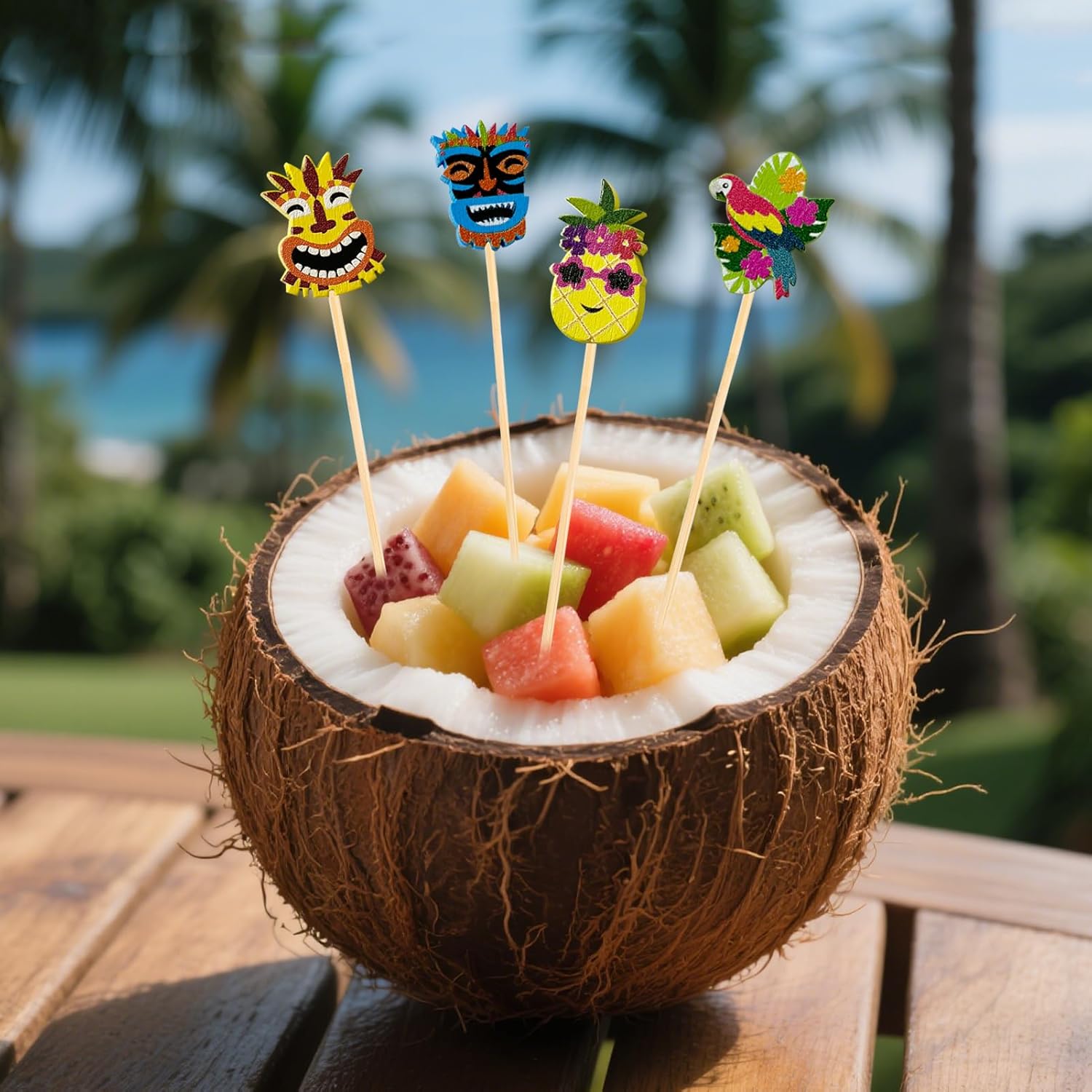 600Pcs Hawaiian Luau Cocktail Picks,4.7 Inch Summer Toothpicks Tropical Pineapple Beach Palm Leaf Tiki Food Fruit Sticks for Pool Holiday Party Decorations