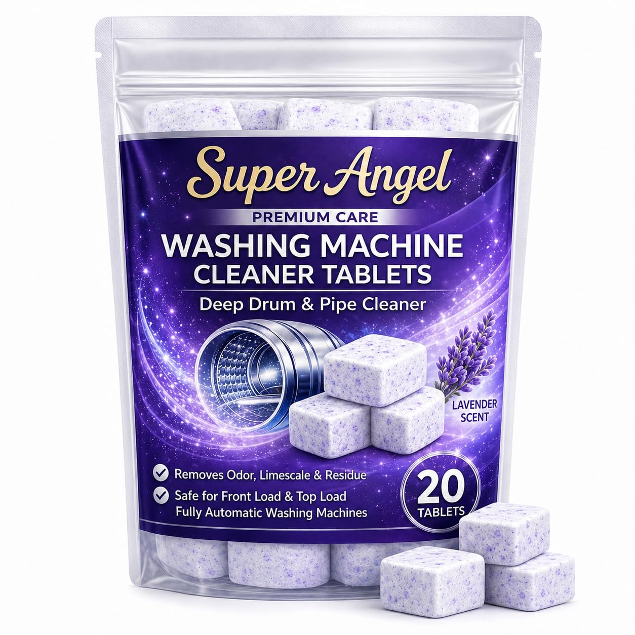 Super Angel Lavender-scented 24 Pcs Washing Machine Deep Cleaner Descaler Tablets for All Front and Top Load Machines, with Descaling and Stain-Removing Power-image-27