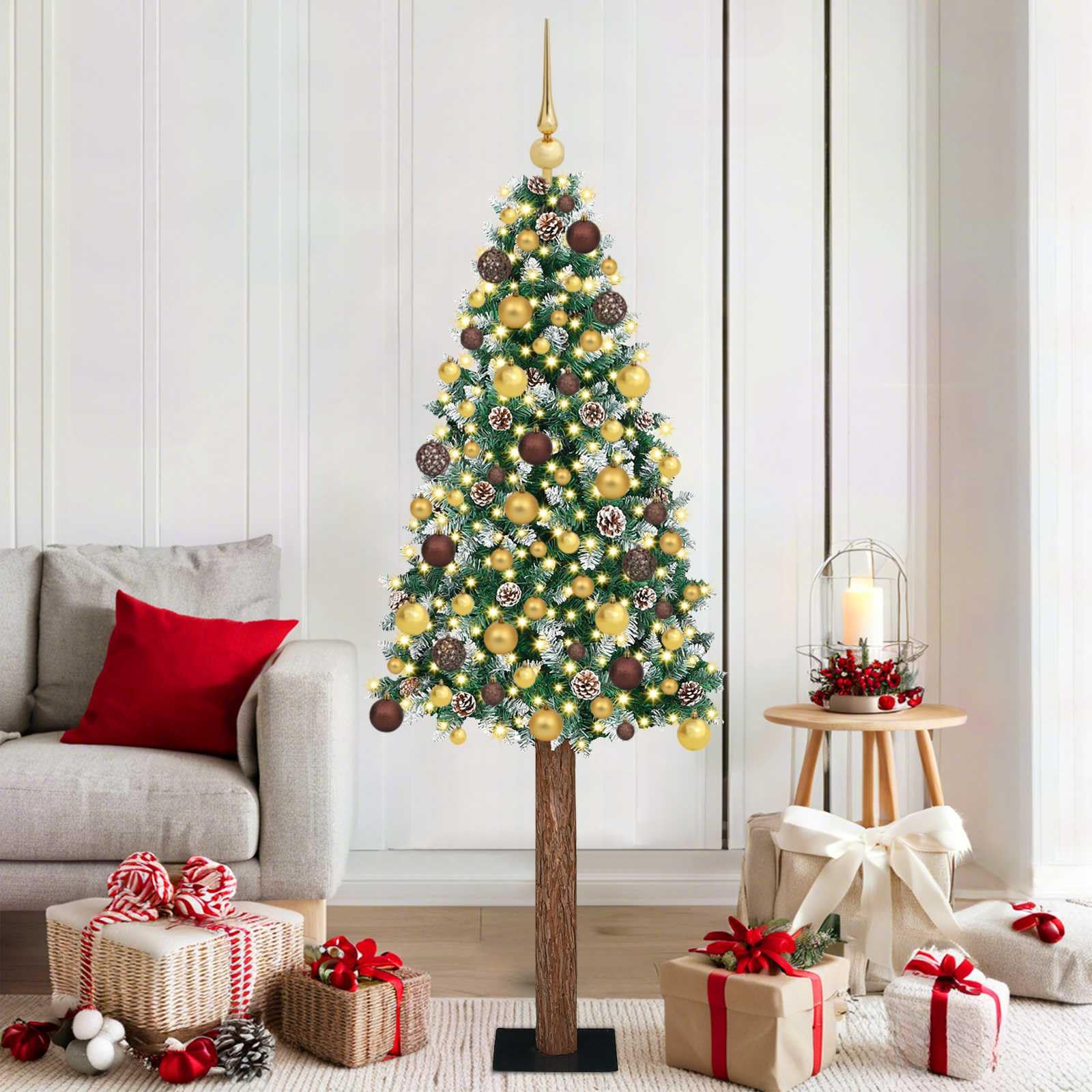 Smukła choinka 180 cm z LED, PVC i litą sosną
