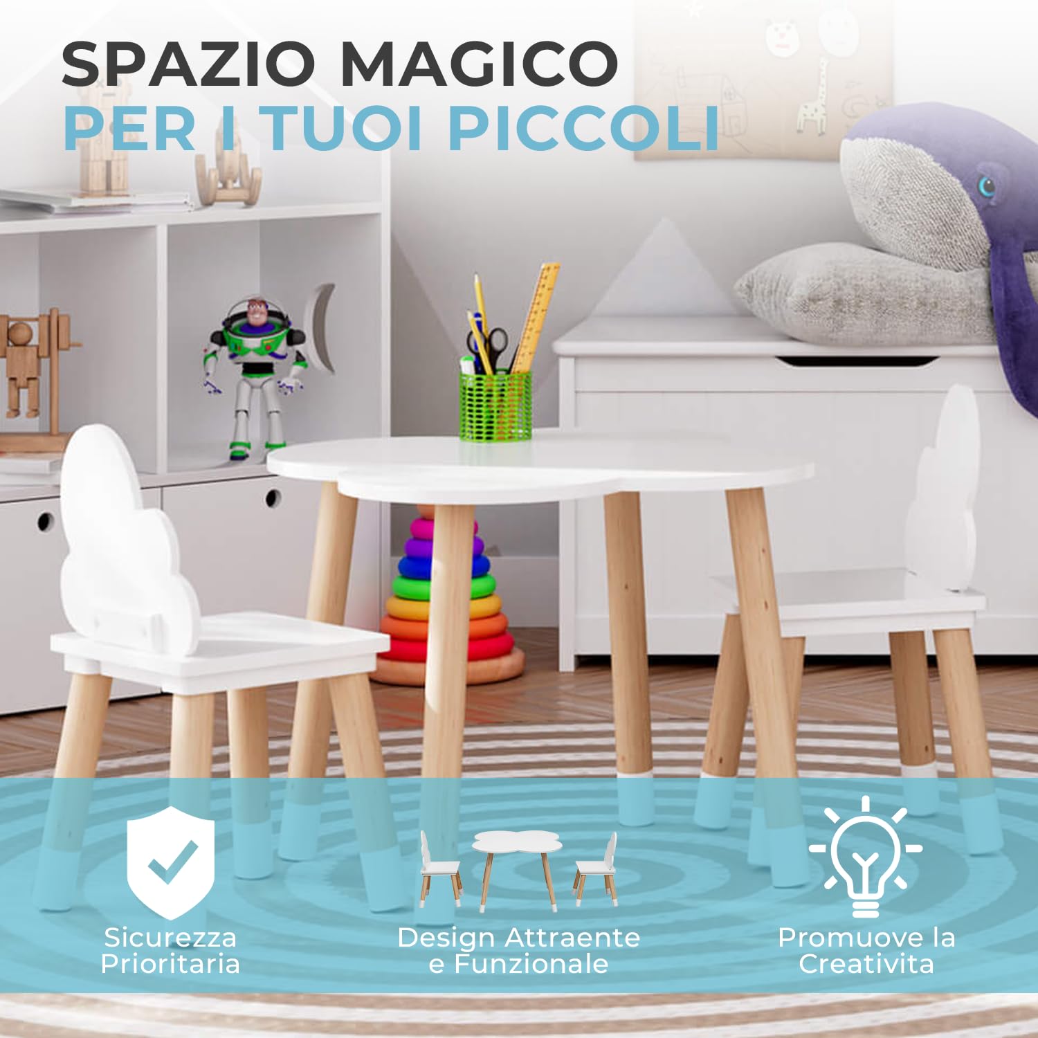 Rebecca Mobili Set Tavolino E Sedie Per Bambini, Sedie e Tavolo Arredo Cameretta Stanza Dei Giochi Bianco Marrone Chiaro, Mdf, Stile Nordico - Misure: 44 x 60 x 60 cm / 50 x 25 x 25 cm - Art. RE6733