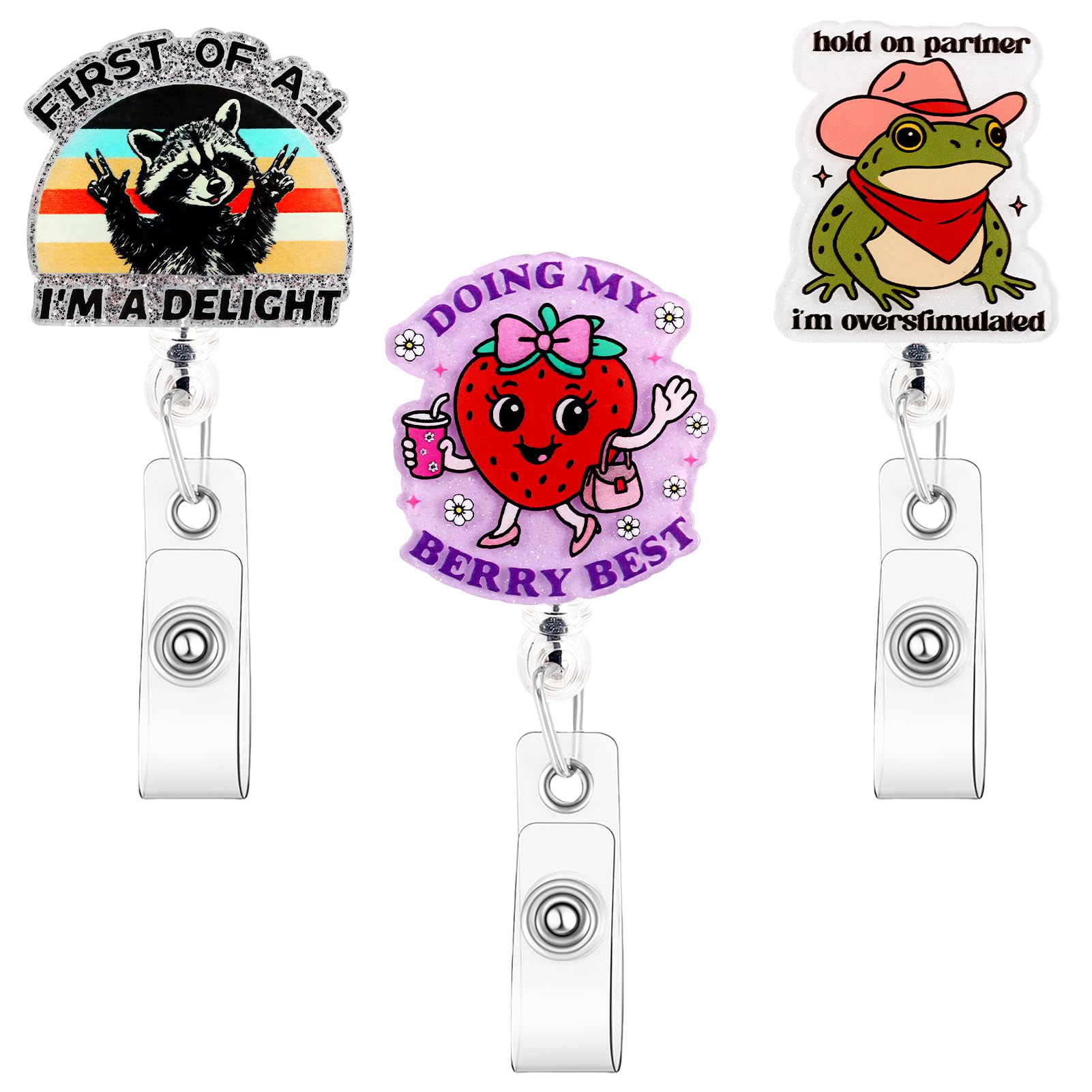 Zkptops 3Pcs Funny Nurse Badge Reel Cute Raccoon Strawberry Frog Badge Reel with Retractable Alligator Clip Medical Badges Holder Buddy for Nurses Doctors Acrylic ID Card Decor Accessories for Gifts — image 1