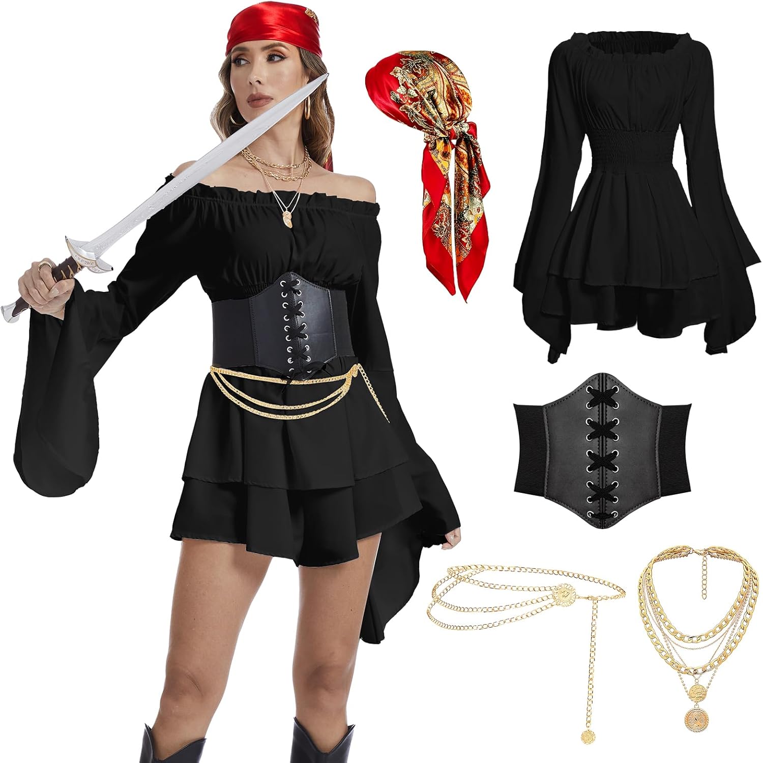Pirate Costume Women Medieval Viking Pirate Dress Head Scarf Sash ChainNecklace Party Outfit Accessories