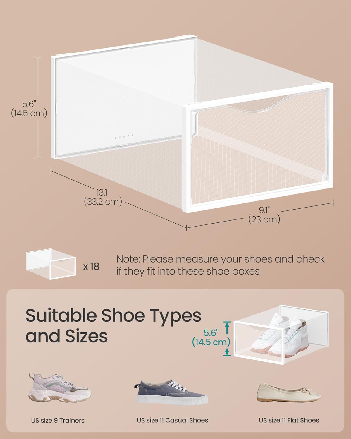 SONGMICS Shoe Boxes, Shoe Storage Organizers Rack for Closet, Plastic Stackable Sneaker Containers Case, 18 Pack, Transparent and Cloud White ULSP318W01