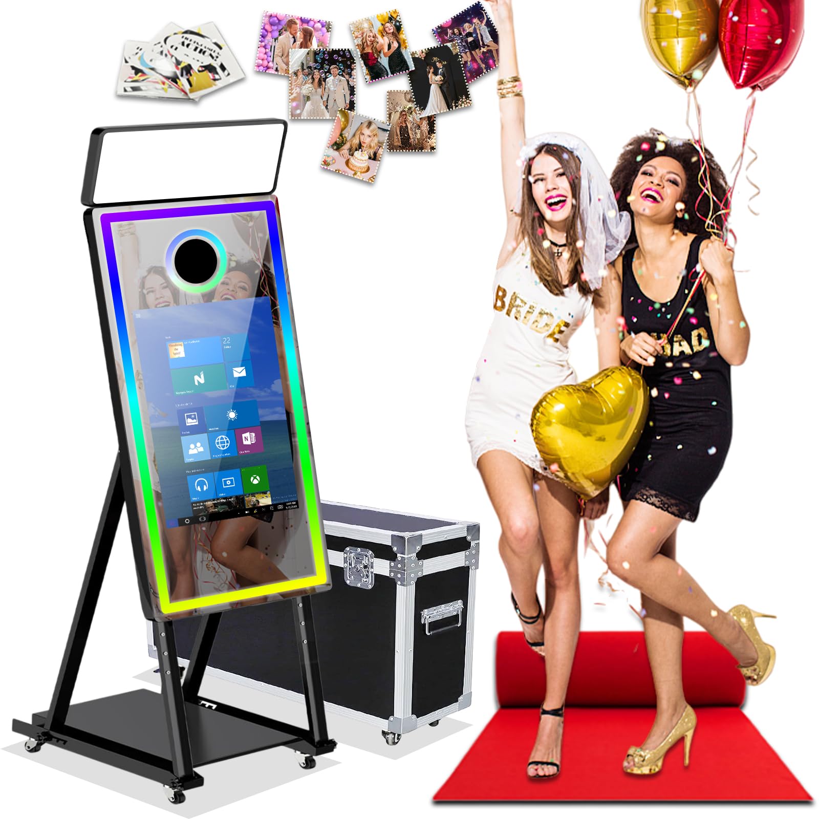 Macchina fotografica a specchio da 101,6 cm con touch screen interattivo da 21,5", con custodia da viaggio, mini PC integrato con stampa istantanea e condivisione per Natale, matrimoni, eventi, feste