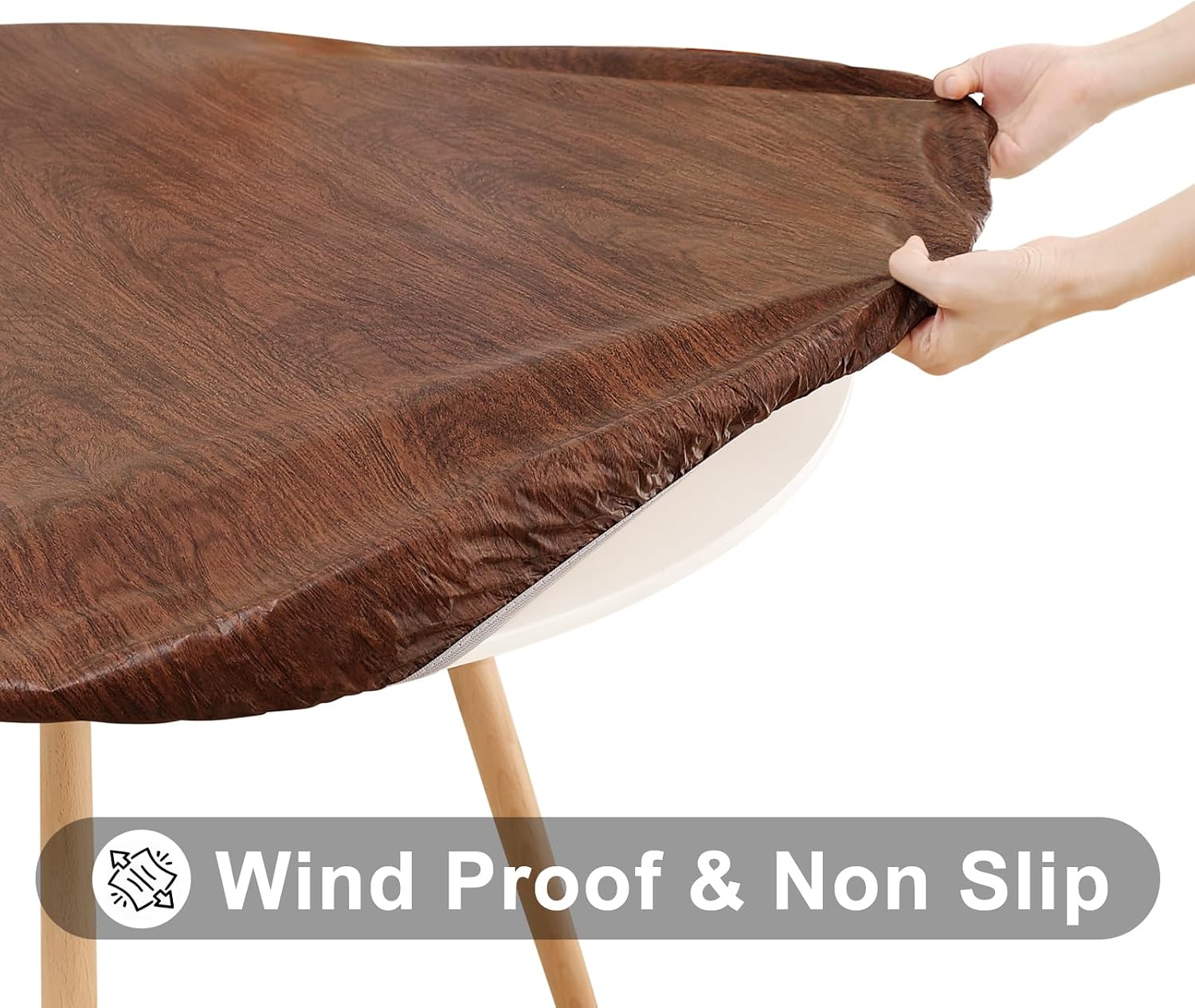 Smiry Round Picnic Tablecloth, Waterproof Elastic Fitted Table Covers for 45" - 56" Tables, Wipeable Flannel Backed Vinyl Tablecloths for Camping, Indoor, Outdoor, Brown