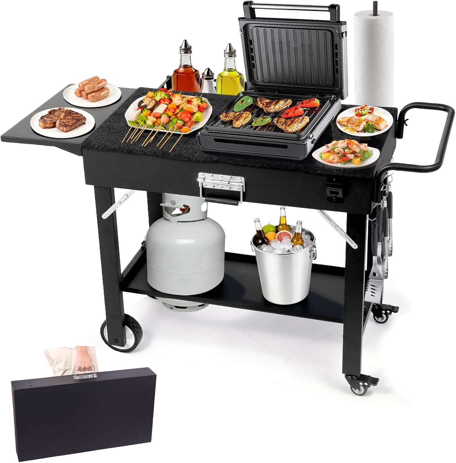 Foldable Grill Cart for Blackstone Griddle, Portable Outdoor Griddle Stand for 17" & 22" Blackstone, Ninja Woodfire & Pizza Oven, Mobile BBQ Prep Table with Side Shelf & Storage