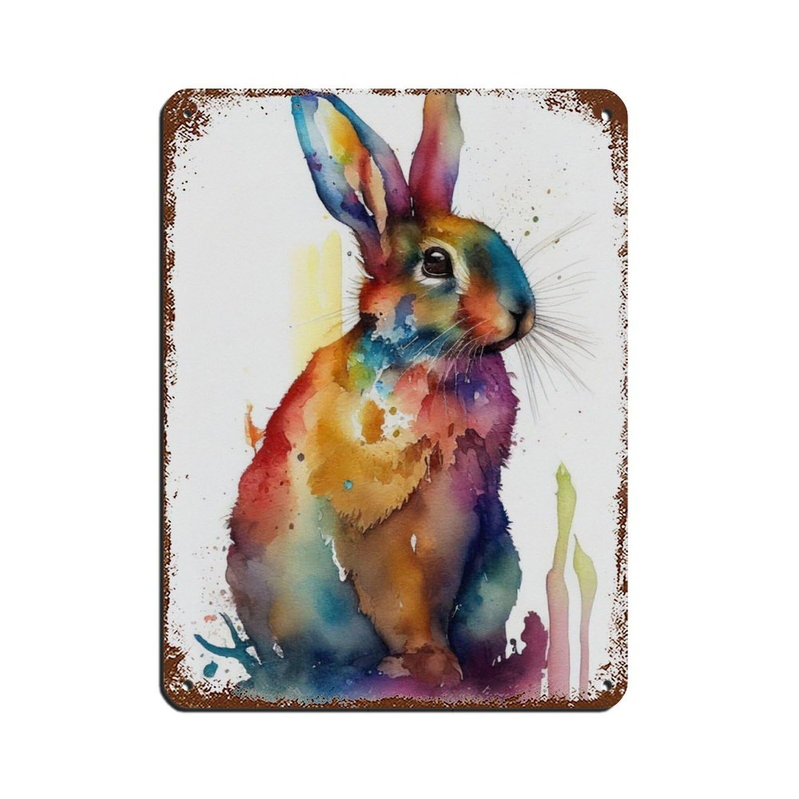 Watercolour Rabbit Portrait Poster Tin Sign Vintage Metal Pub Club Cafe Bar Home Wall Art Decoration Poster Retro 12x16inch(30x40cm)
