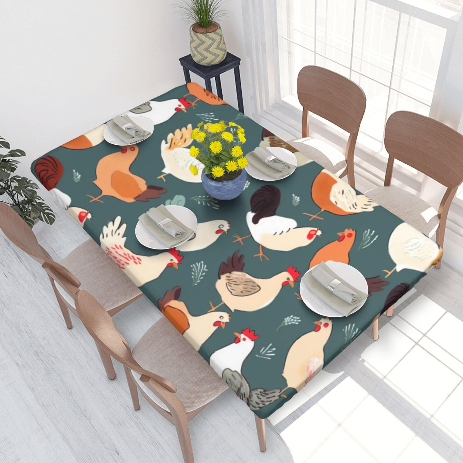 DCARSETCV Chicken Pattern Printed 4FT Waterproof Tablecloth with Elastic Edged Protect & Decor Your Table, Oil-proof Washable Table Cloth Cover for Dinner Picnic Party