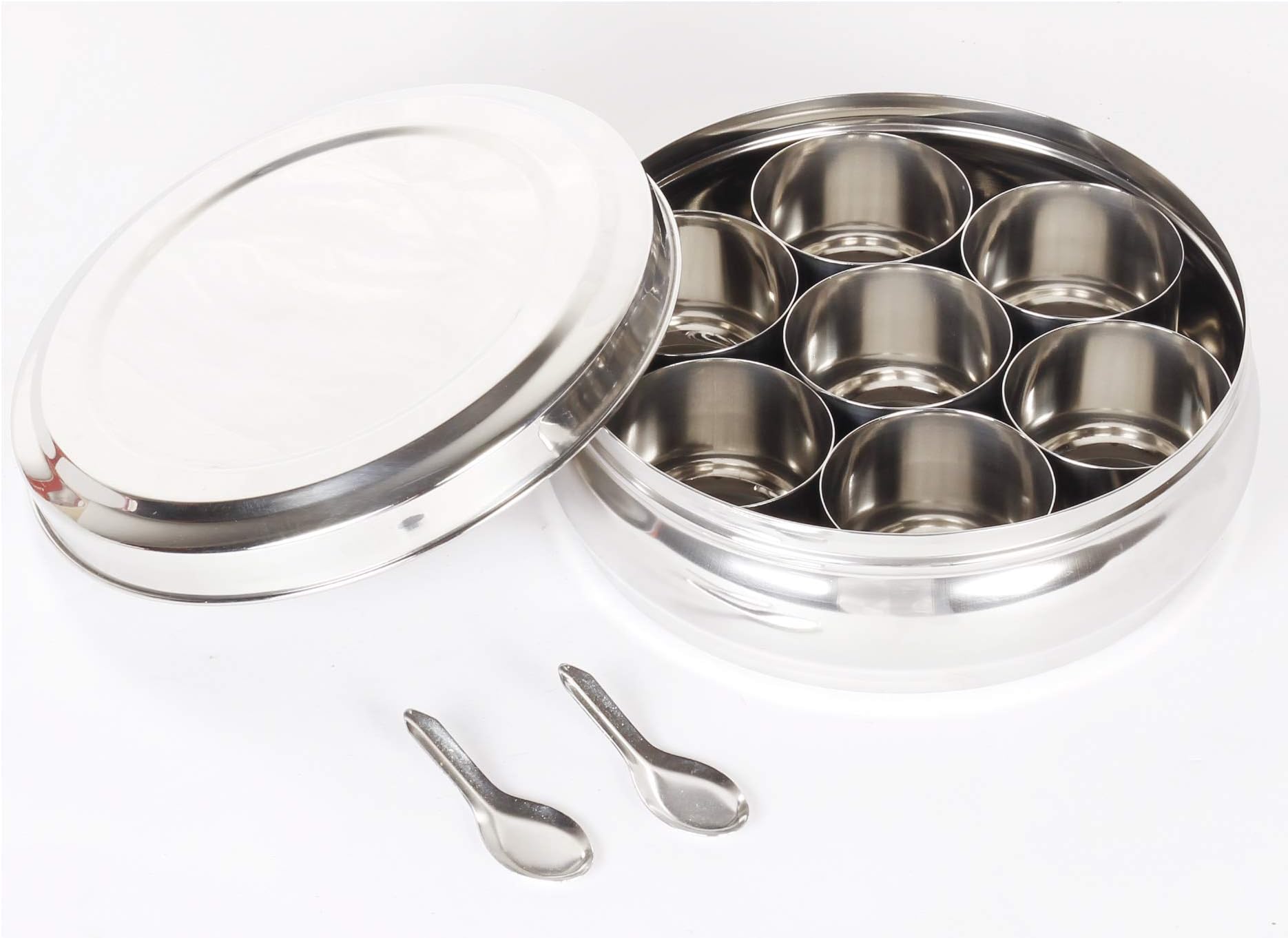 Thanksgiving Gifts Stainless Steel Spice Masala Box Container | 7 Containers with 2 Small Spoons | Belly Masala Dabba Indian Spice Organizer | Size 8.5 x 8.5 Inches