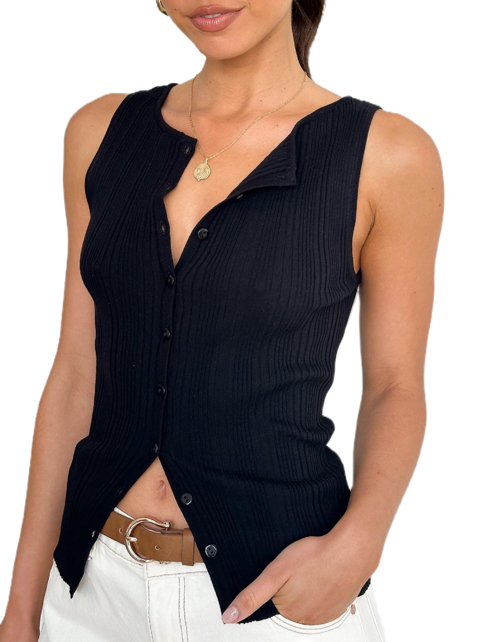 Faretumiya Women Button Down Tank Top Ribbed Summer Vest Tops Slim Fit Open Front Sleeveless Crop Shirt