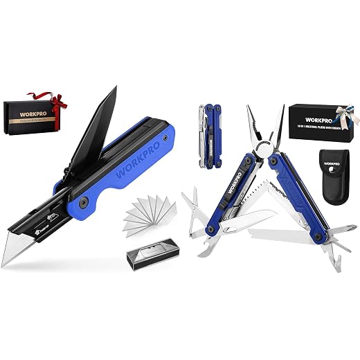 WORKPRO 2-in-1 Folding Knife/Utility Knife - Gifts for Dad & 18-in-1 Multi Tool Pliers, Blue