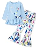 Little Girl Clothes 2-8Years Girls Outfit,Long Sleeve Ruffle Top+Bow ,Flower Flared Pants 2Pcs Fall winter Set