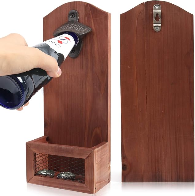 BAYINBROOK Wall Mounted Bottle Opener with Cap Collector, Vintage Retro Wooden Beer Opener, Decor for Bar, Home & Deck Patio, Gift for Men, Beer Lovers