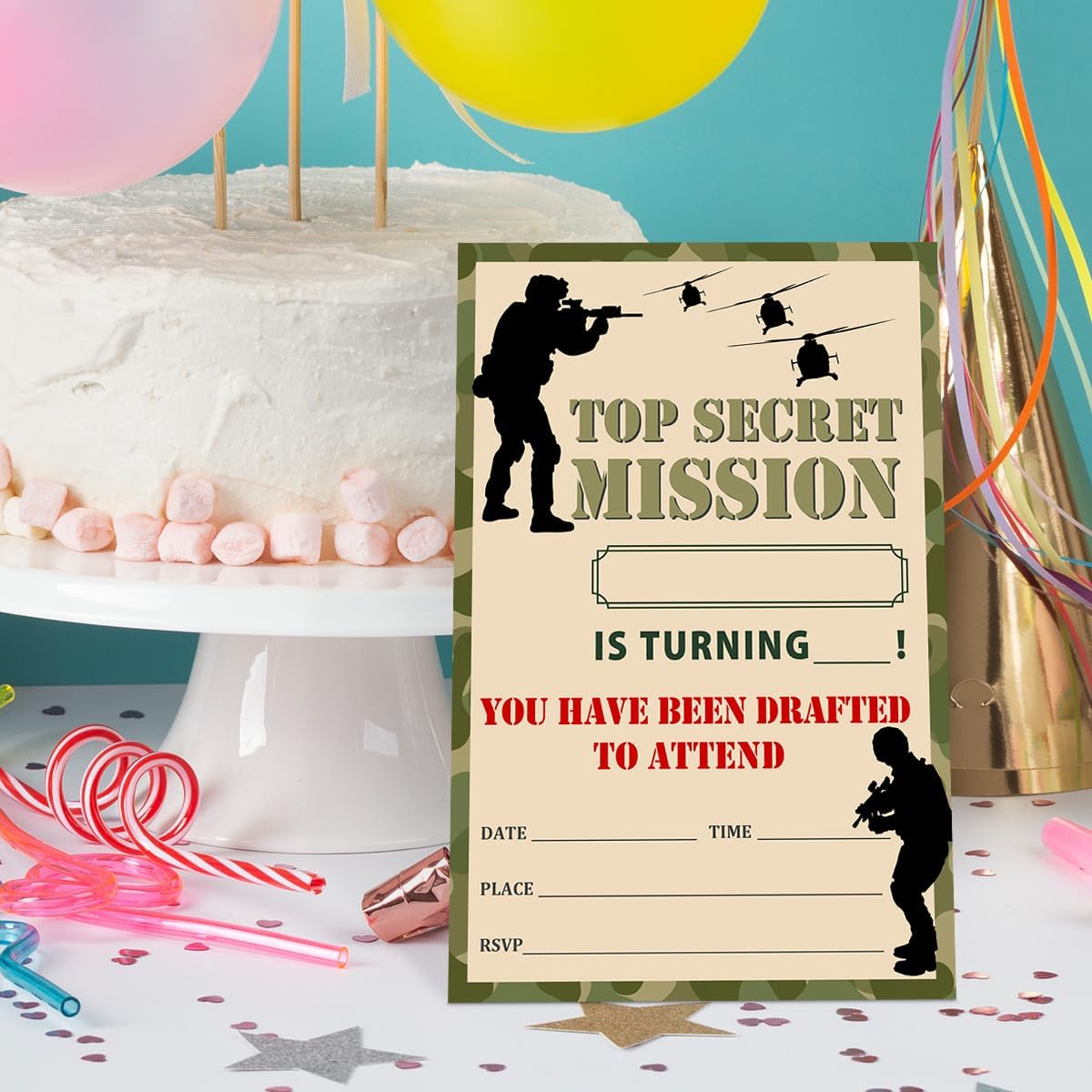 Army Birthday Invitations for Boys with Envelopes, Camo Military, Camouflage Soldier Birthday Party Invitations Cards, Top Secret Mission, 4x6 Set of 20