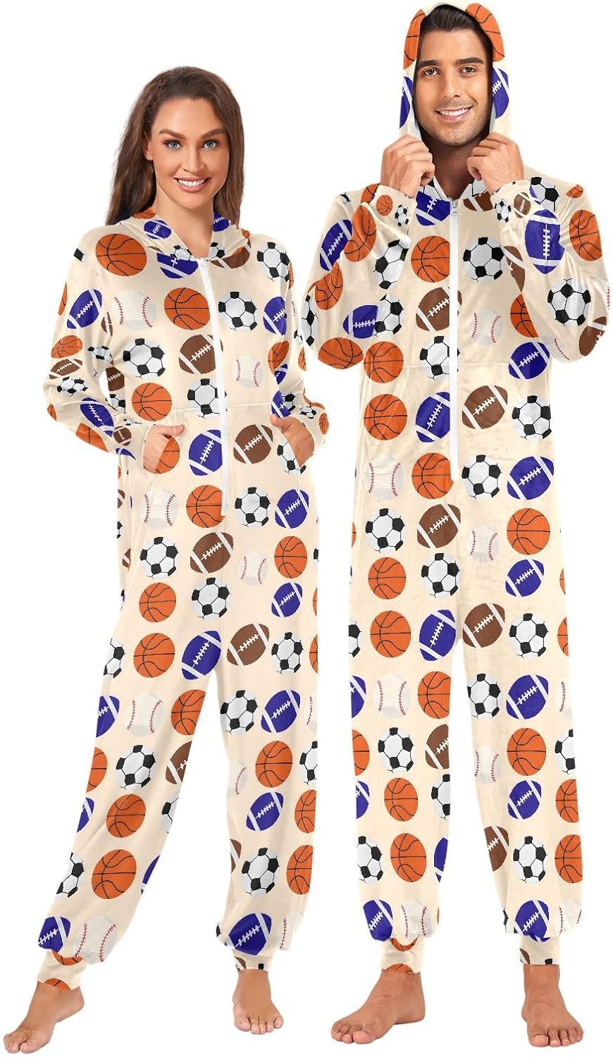 ALAZA Blue Rugby Football Baseball Basketball Adult Onesie Unisex Pajamas One-Piece Costume Hooded Jumpsuit Sleepwear for Men Women XL