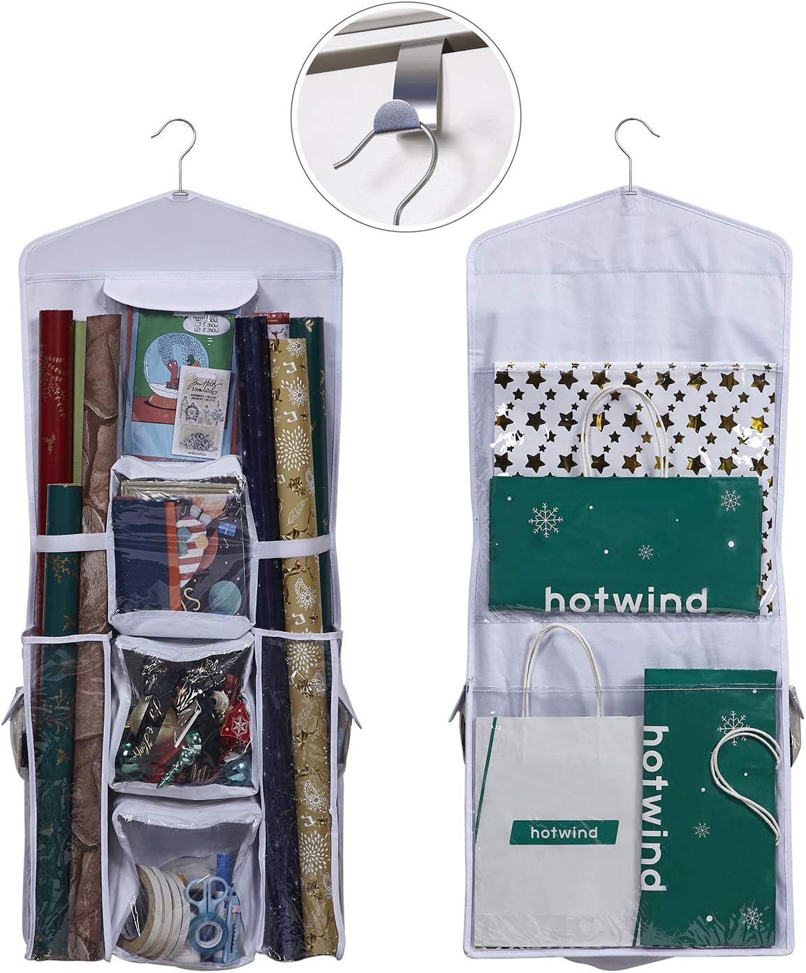 AOTUNO Double-Sided Hanging Gift Wrap Organizer Storage Bag,Wrapping Paper Storage Holder(White)