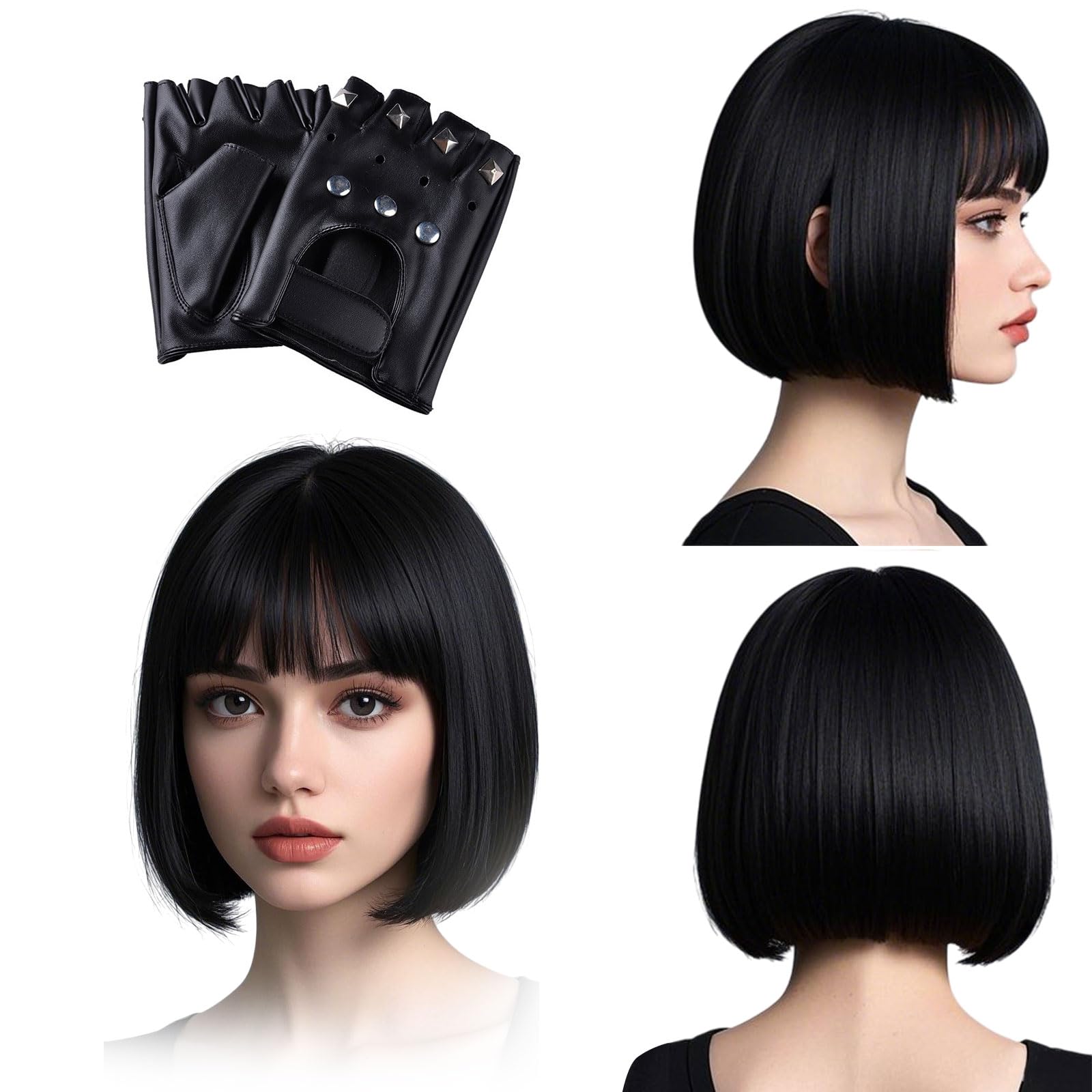 UILYNIUBlack Bob Wig Studded Gloves Short Bob with Fringe Short Synthetic Straight Wig for Women Adults TV Character Ladies Glamour Wigs Fancy Dress Adult Dress Up Wigs(Black)