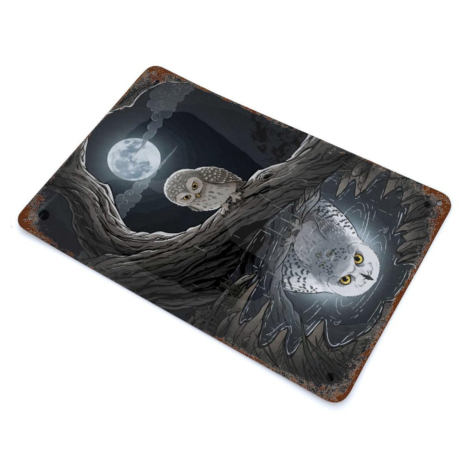 Garage Style Owl Reflection Moonlight Rustic Tin Plaque 11.8"x7.9", Industrial Home Decor for Bar And Workshop