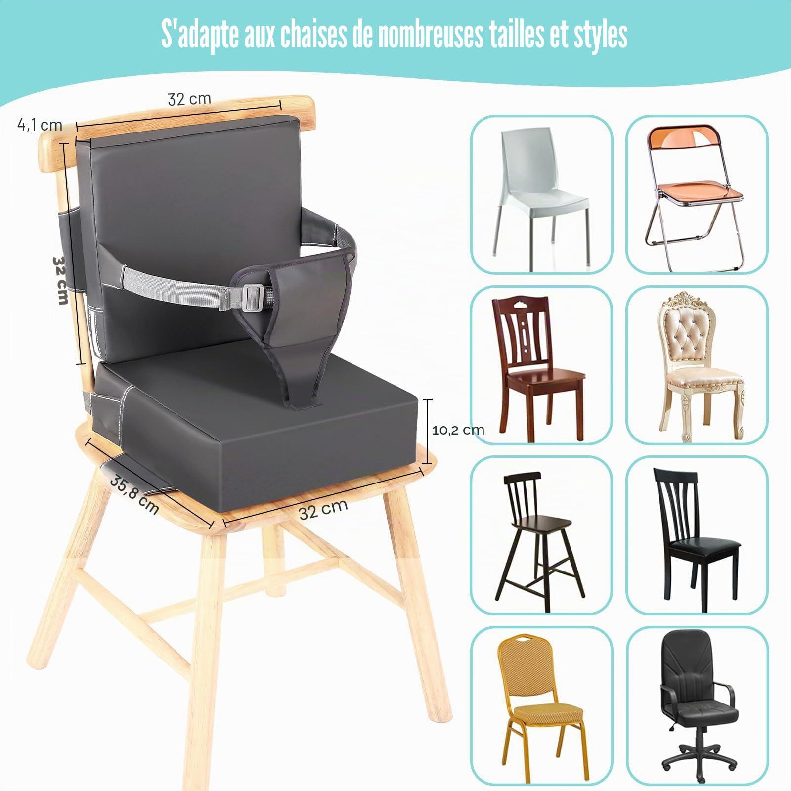Rehausseur Chaise Enfant PU Lavable Portabilité Rehausseur Chaise Bebe Avec Dossier Ceintures de Sécurité 3 Points Antidérapant Chaise Nomade Bebe pour à La Maison Partir(Gris)