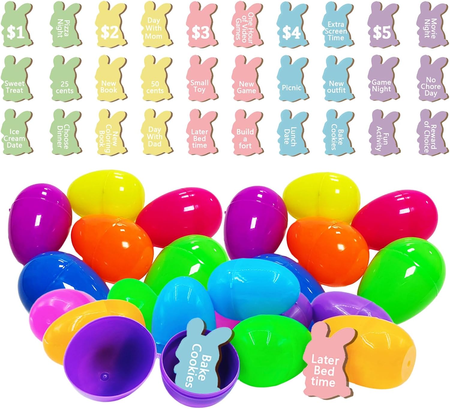 30 Set Easter Egg Tokens and Plastic Easter Eggs,Wooden Easter Reward Tokens Easter Fillers for Filling Treats, Party Favor, Basket Stuffers, Classroom Prize Supplies (rabbit)