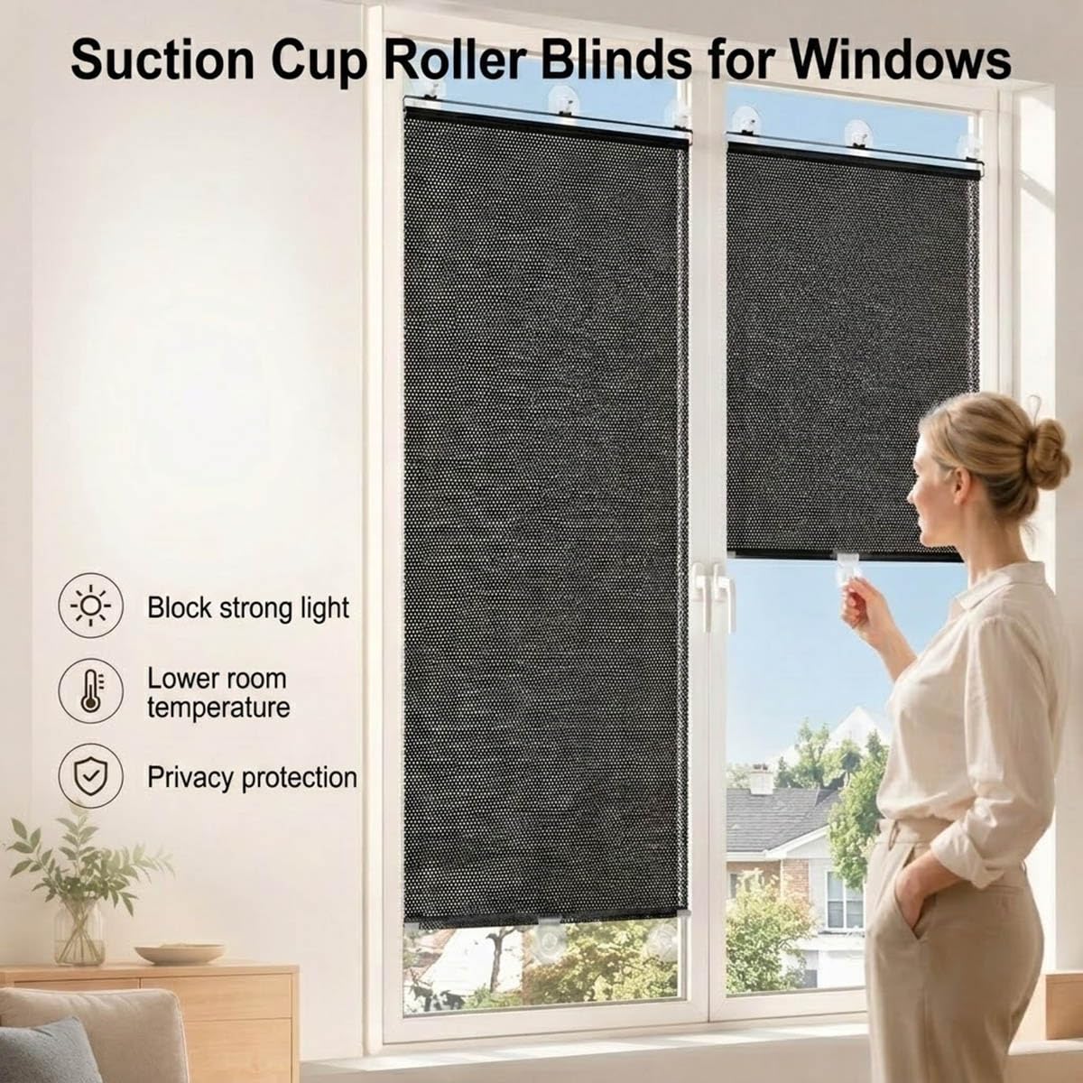 Persianas Enrollables con Ventosas Sin Taladrar, Estor Térmico Opaco,Cortinas Oscurecimiento Apagón Protección UV Aislamiento para Ventana Cocina Baño(75x190cm)