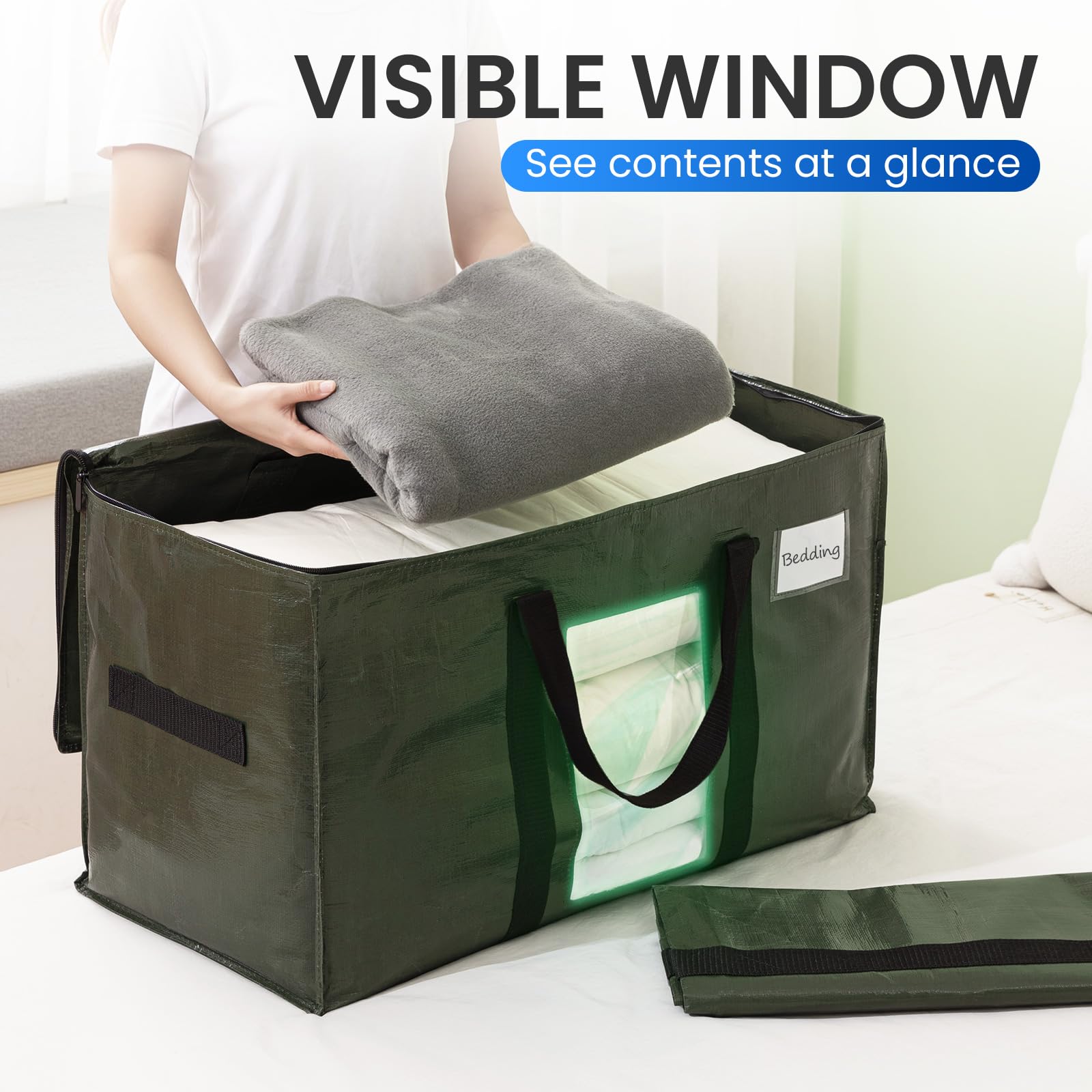 TAILI Moving Bags Extra Large,Heavy Duty Storage Bags with Zips for Clothes,Beddings,Duvets,Travel,Camping,moving,Loft Storage,Clear Window & Reinforced Handles(4 Pack green) - Image 2
