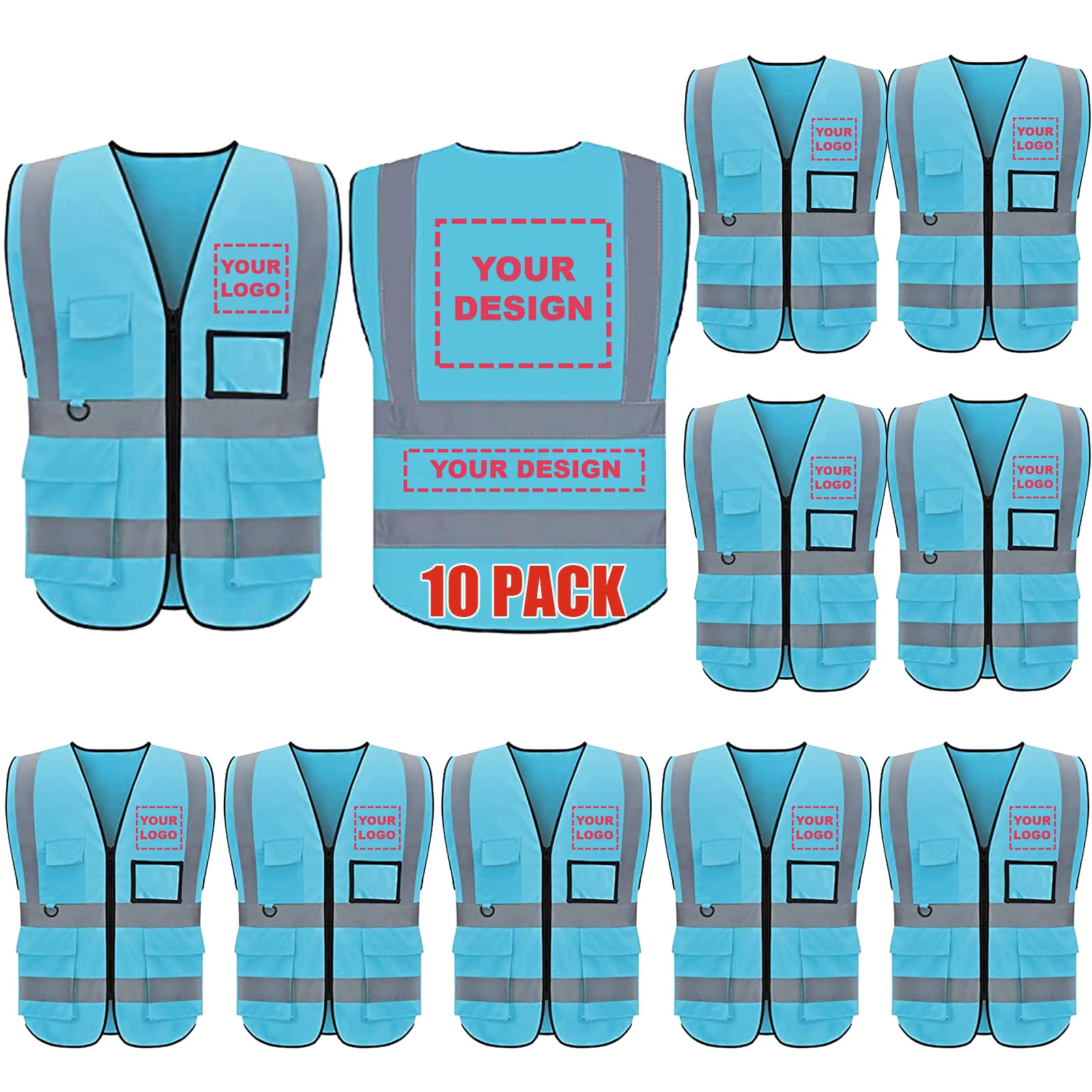 Custom Logo 10 Pack Safety Vest Class 2 High Visibility Vest with Pockets Breathable Construction Vest Blue Bulk