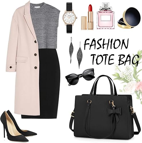 Miniatura 8 de Bolsa de computadora portátil para mujer, bolsa de mano para laptop de 15.6 pulgadas, bolsa de cuero impermeable, maletín grande y ligero, bolsa de