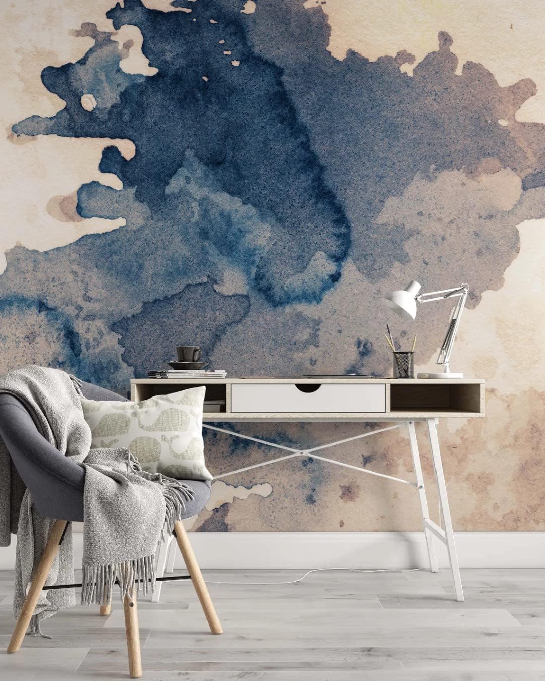 Abstract Blue Brown Painted Ink Texture Peel and Stick Wallpaper 100''H x 150''W