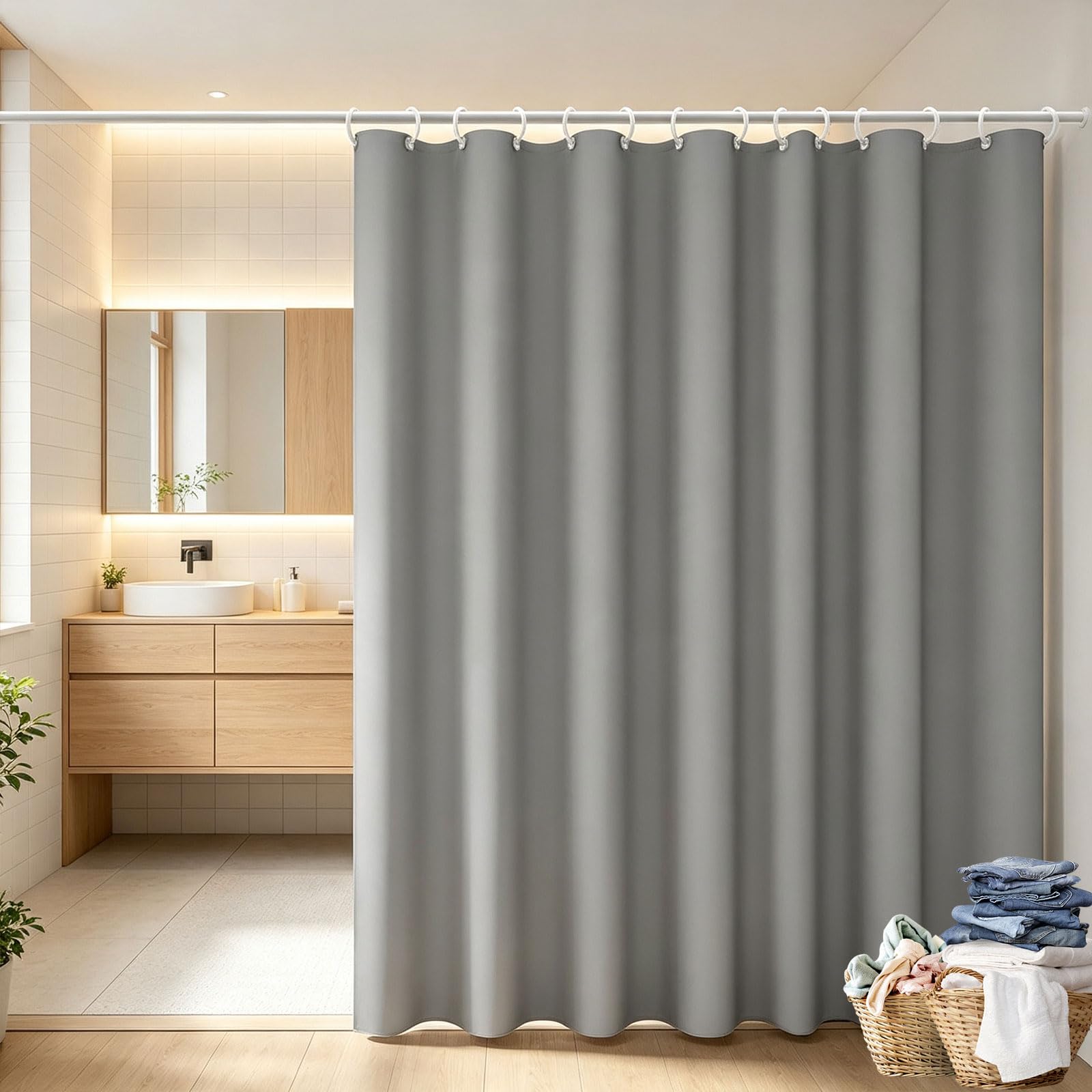 Liunadm Dark Grey Shower Curtain 115 X 180 Cm Mould Proof Mildew Resistant, Waterproof Bathroom Curtain With Hooks, Weighted Hem For Bathroom,