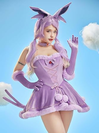 Mobbunny Women Anime Derivative Mini Dress Cosplay Costume Purple Babydoll Fluffy Dress with Headband and Tail