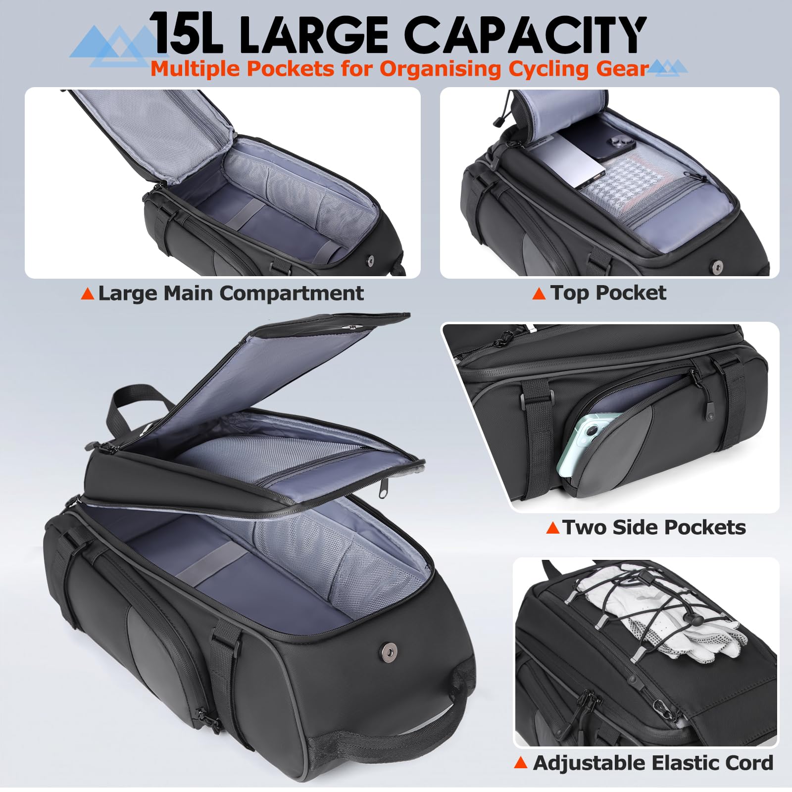 RAINSMORE Borsa Bici Posteriore 15L Portapacchi Bici Posteriore Impermeabile con Copertura Antipioggia e Striscia Riflettente Multifunzionale