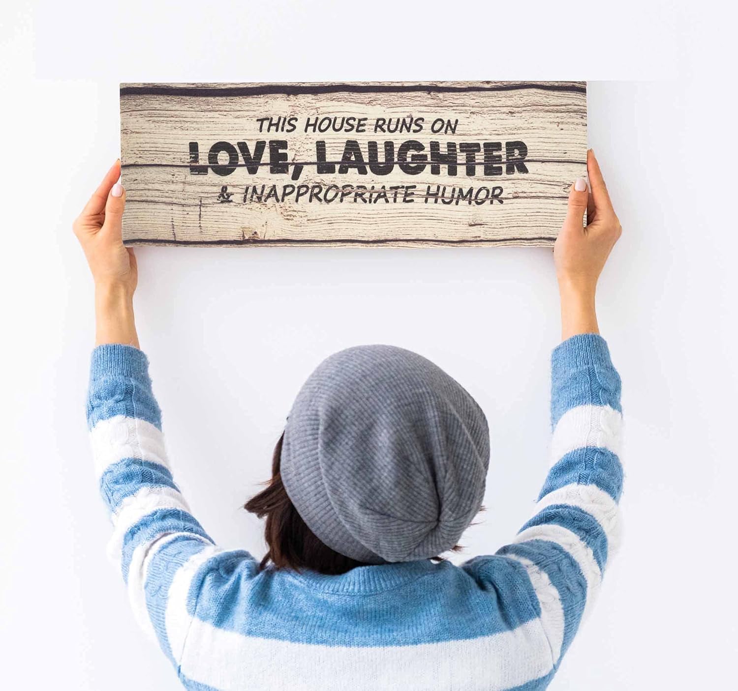 Stretched Canvas Quotes Wall Art Decor, This House Runs On Love, Laughter & Inappropriate Humor Wall Decor- 8 x 24 Rustic Wall Art Sign- Farmhouse Decor Faux Plaque Sign
