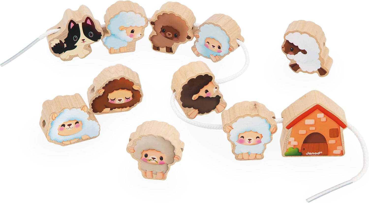 Janod - J03312 - Sheep Theme - Early Learning Toy - 11 Children's Wooden Beads + 2 Ropes - Develops Dexterity - FSC Wooden Toy - From 24 Months