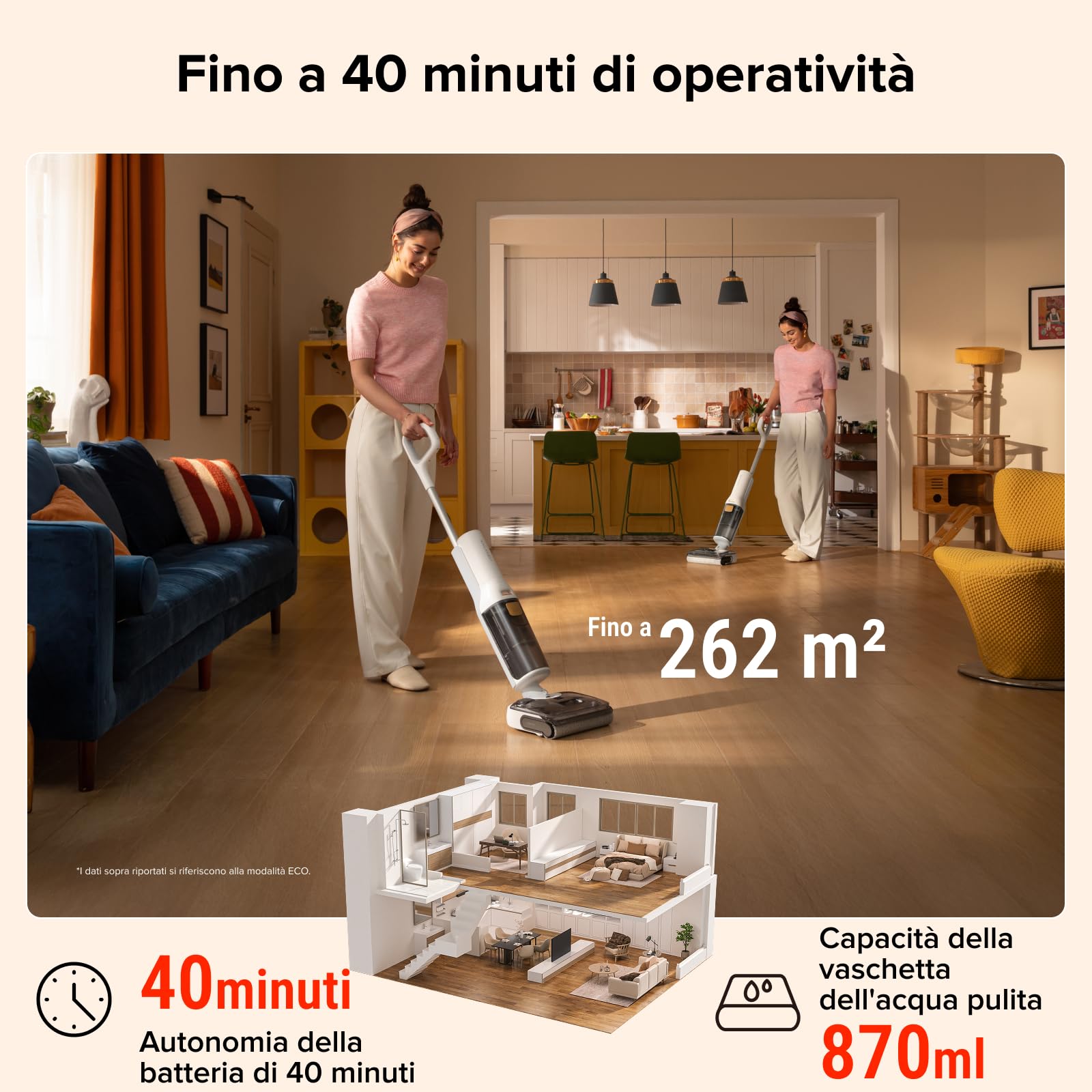 roborock F25 GT Aspirapolvere e Lavapavimenti Senza Fili, Pulizia Completa 20 kPa, Autopulizia ad Alta Temperatura fino a 90 °C, Inclinazione 180°, Pulizia a Doppio Bordo per Pavimenti