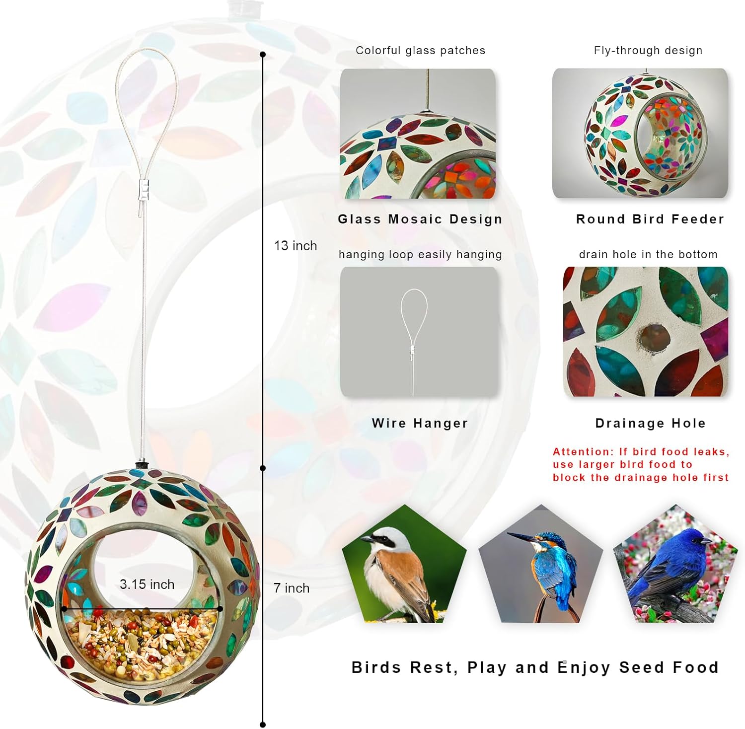 Mosaic Bird Feeder, Outside Hanging with Round Shape Glass BirdFeeders to Attract More Wild Birds, Mosaic Fly Through for Garden, Yard, Backyard, Deck and Porch Decor, Multicolor 7-Inch