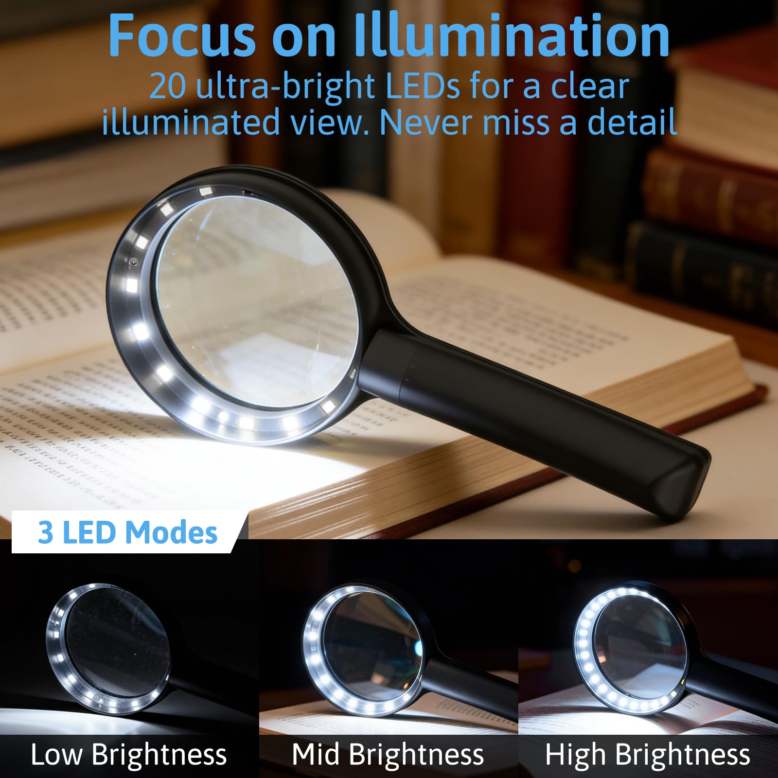 10-fache große Lupe mit Licht, verbesserte 11 cm, beleuchtete Handlupe mit 3 Lichtmodi für Senioren, Lesen, Münzen, Schmuck, Naharbeit, Kinder, Naturerkundung (schwarz)