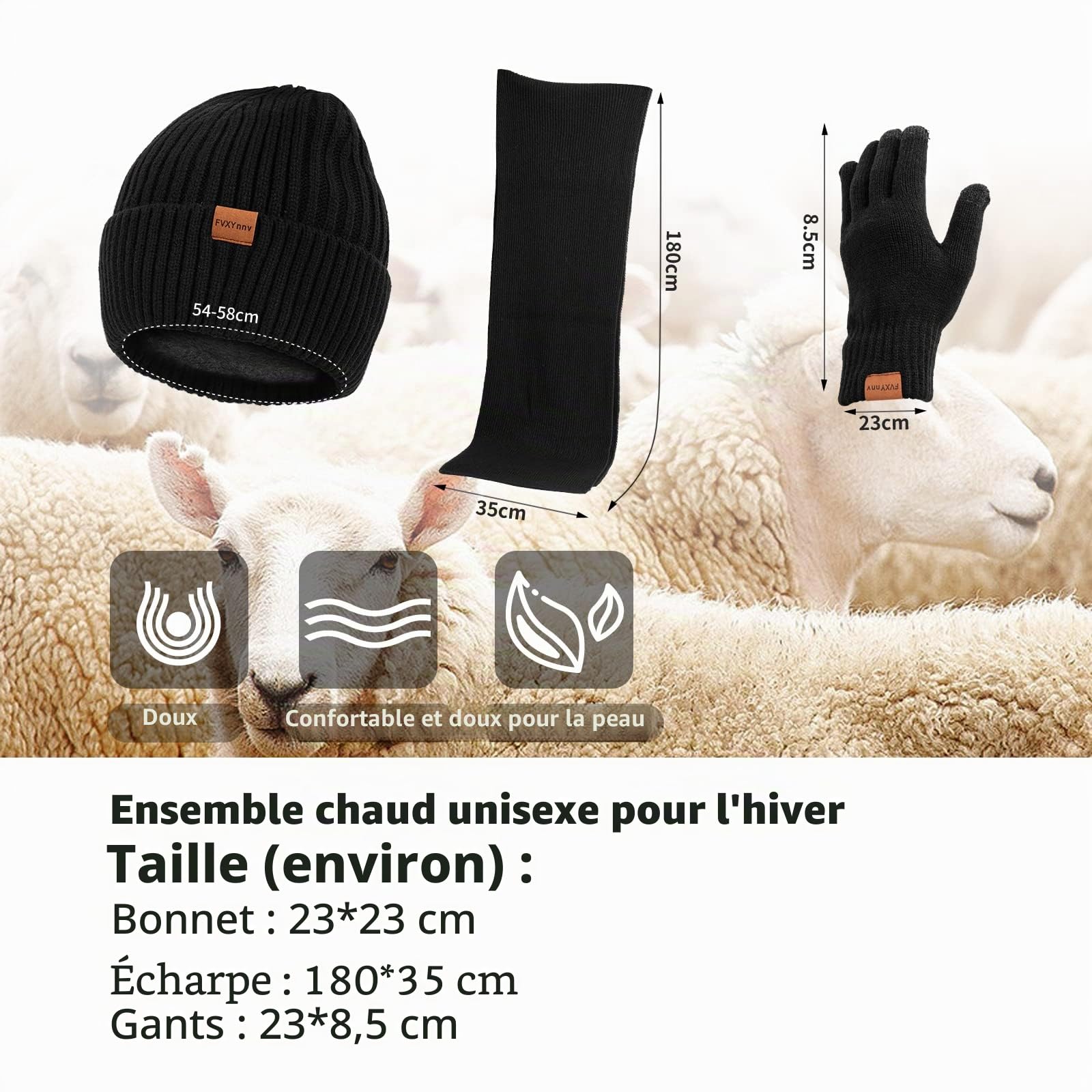 Ensemble Bonnet Écharpe Gants Femme Homme 3 en 1, Tricotés Ensemble d'hiver - Bonnet Hiver Chaud avec Doublure Polaire, Gants Écran Tactile, Echarpe Longue