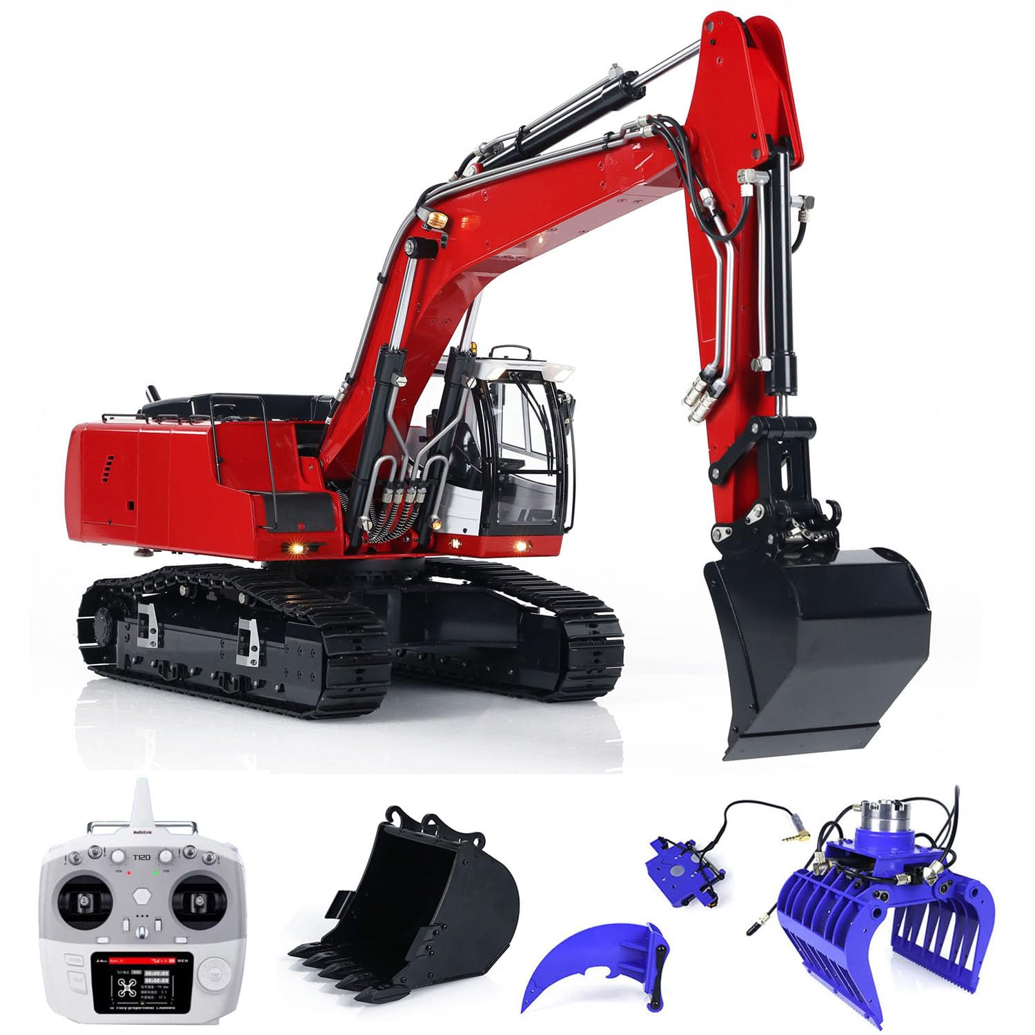 Excavatrice hydraulique RC 1/14 946 9CH Modèle sur chenilles RC Pelleteuse Véhicule de chantier Métal Grab Bucket Ripper Light RC Équipement lourd Rouge Blanc