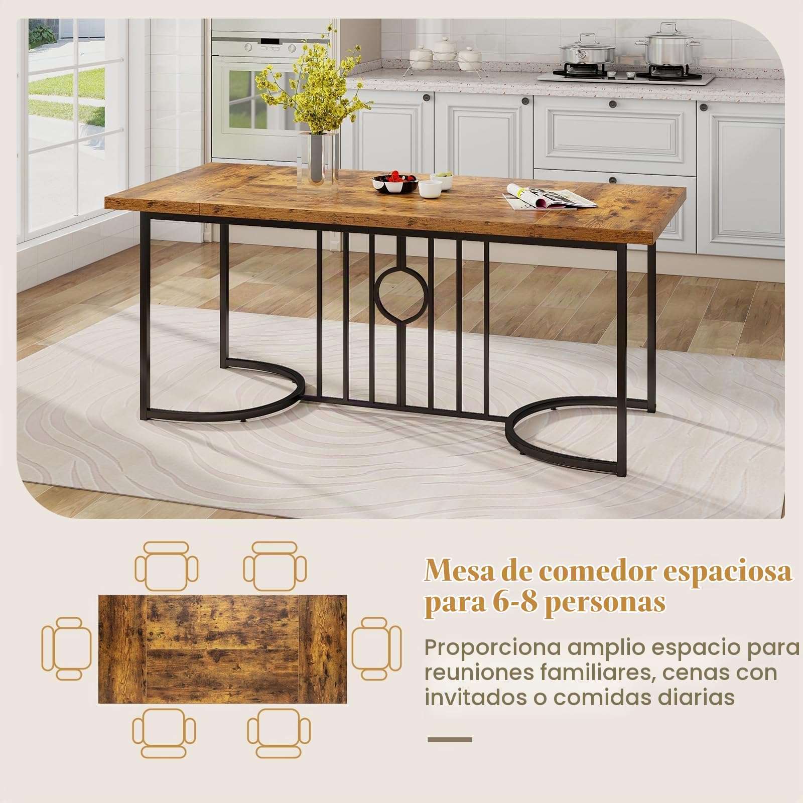 LIFEZEAL Mesa de Comedor de 180cm con Superficie de Madera | Mesa rectangular para 6-8 personas con estructura de metal geométrica, ideal para hogar y restaurante