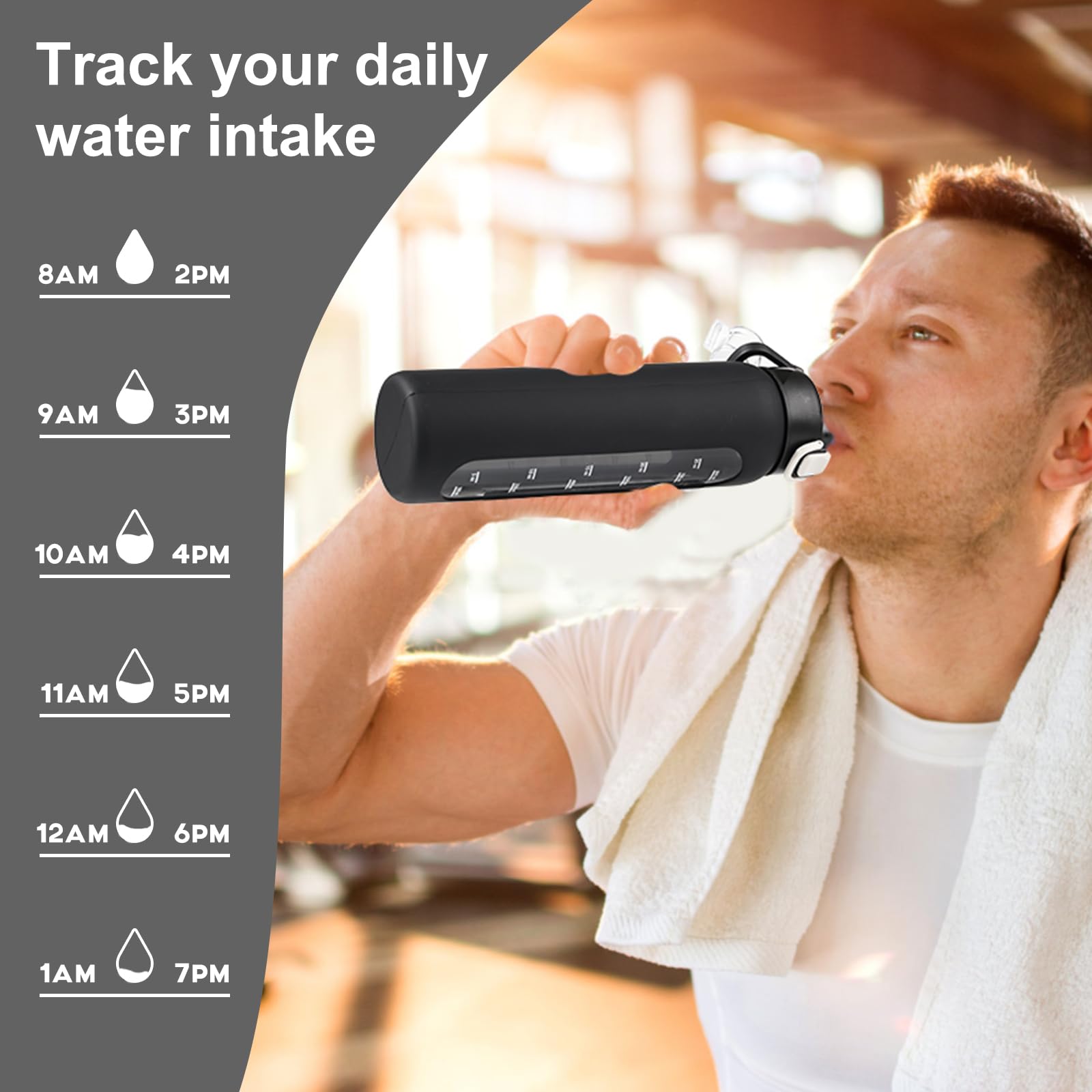 chunmo Bouteille d'eau en verre de 710 ml avec 2 couvercles, couvercle à bec verseur et couvercle à paille, bouteille d'eau motivante avec marqueur de temps et manchon en silicone, étanche, noir