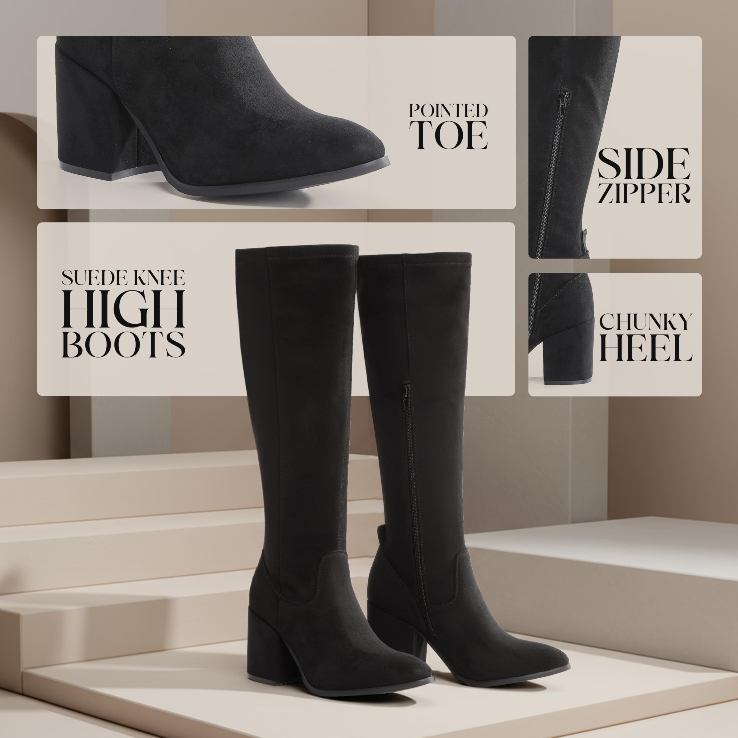VIVASHOES Women’s Knee High Heeled Boots – Faux Suede Long Boots with Chunky Heel & Side and Pull On Tab – Stylish Tall Winter Booties for Autumn & Winter Outfits - Black 7